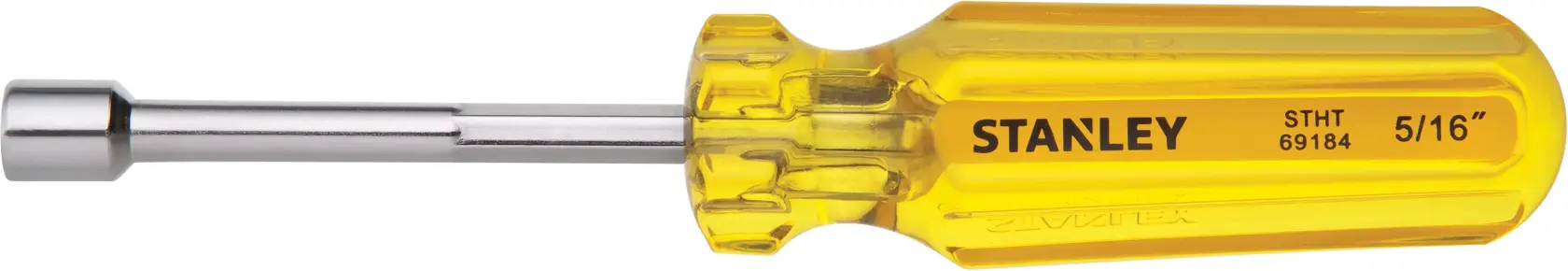 Stanley STHT69184 destornillador de tuercas 5/16 pulg mango transparente amarillo, vista lateral, fondo blanco.