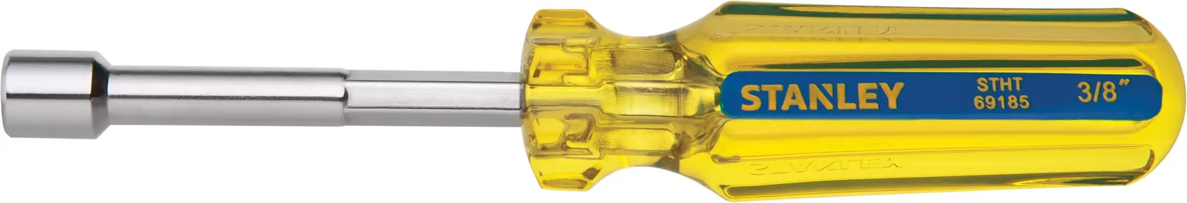 Stanley STHT69185 destornillador de tuercas con mango amarillo y eje cromado, vista lateral sobre fondo blanco.