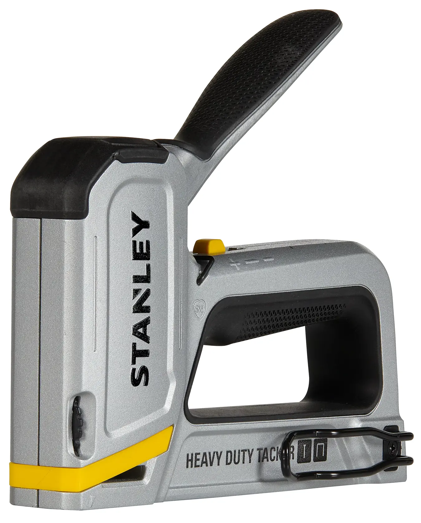 STANLEY STHT70250 engrampadora de alta resistencia, ángulo lateral, plateada y negra con detalles amarillos, mango visible.
