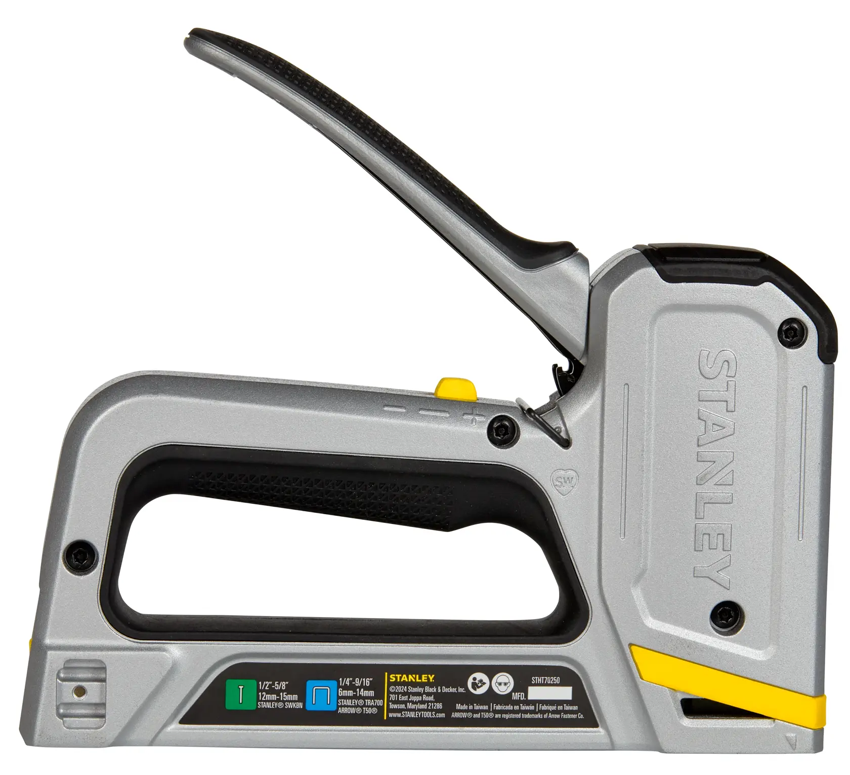 STANLEY STHT70250 grapadora manual resistente, color plateado y negro, vista lateral izquierda sobre fondo blanco.