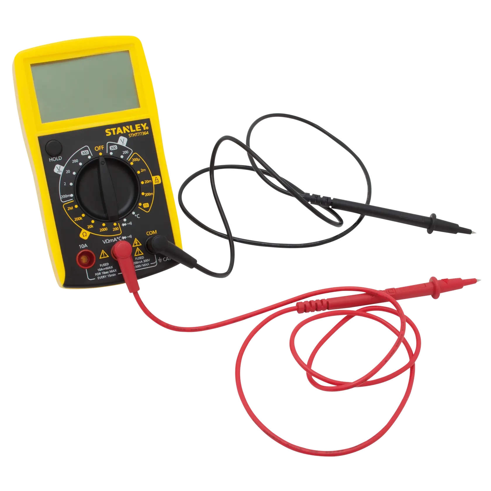 STANLEY multímetro digital ángulo frontal, cuerpo amarillo y negro, con cables de prueba rojo y negro sobre fondo blanco