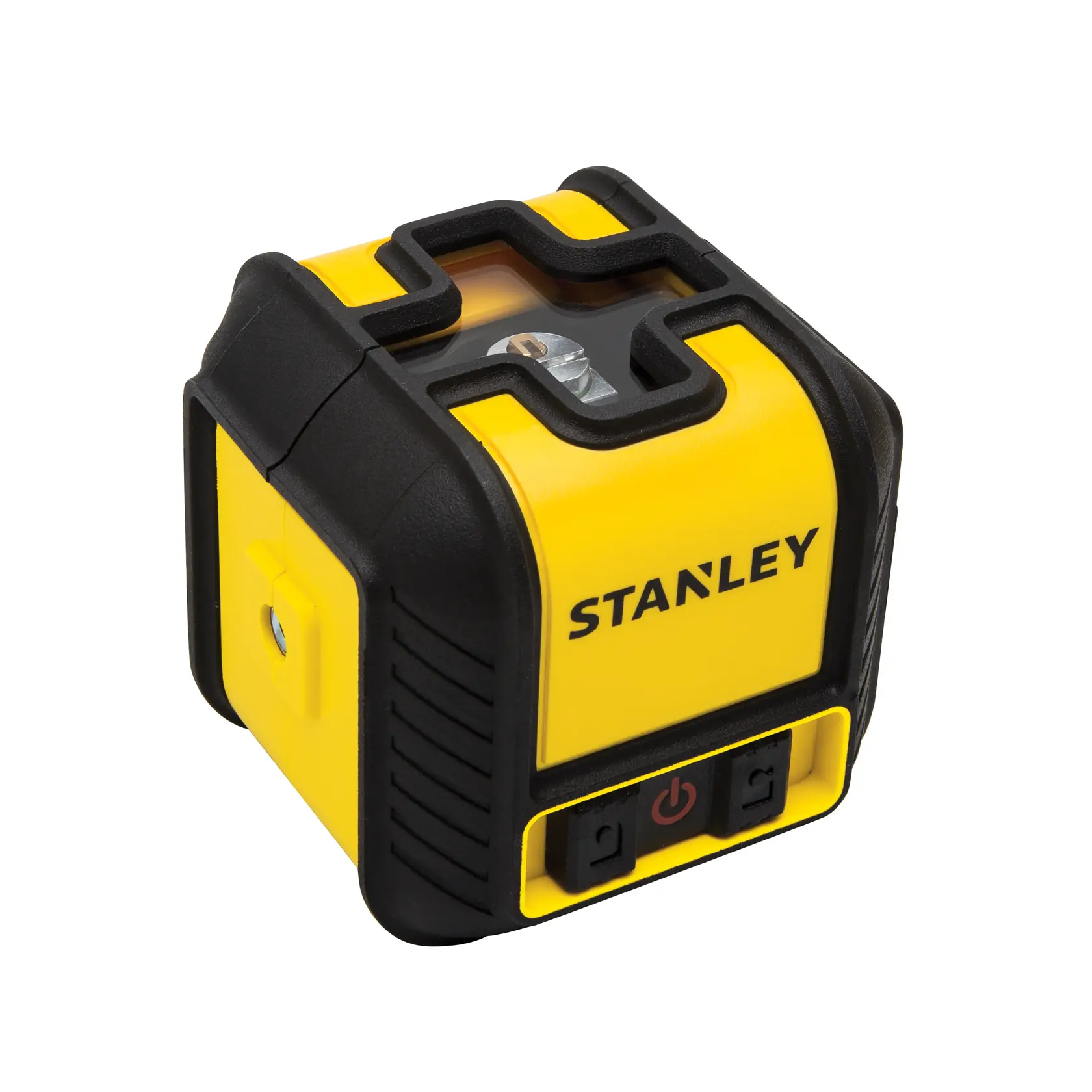 Stanley nivel láser amarillo y negro, vista frontal en ángulo, diseño compacto, botones visibles