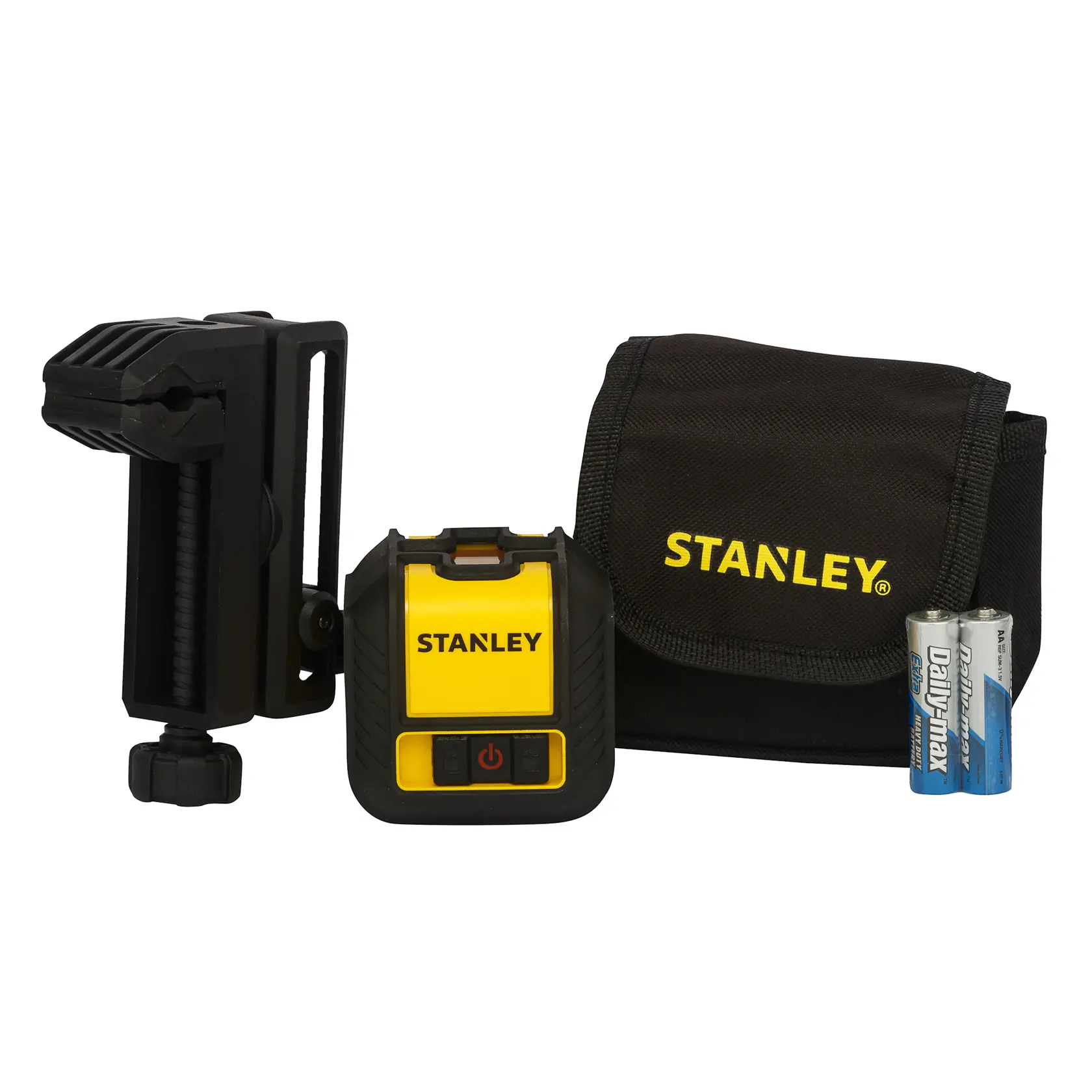 Kit de nivel láser Stanley STHT77498 con abrazadera, bolsa de transporte y baterías, ángulo frontal sobre fondo blanco.