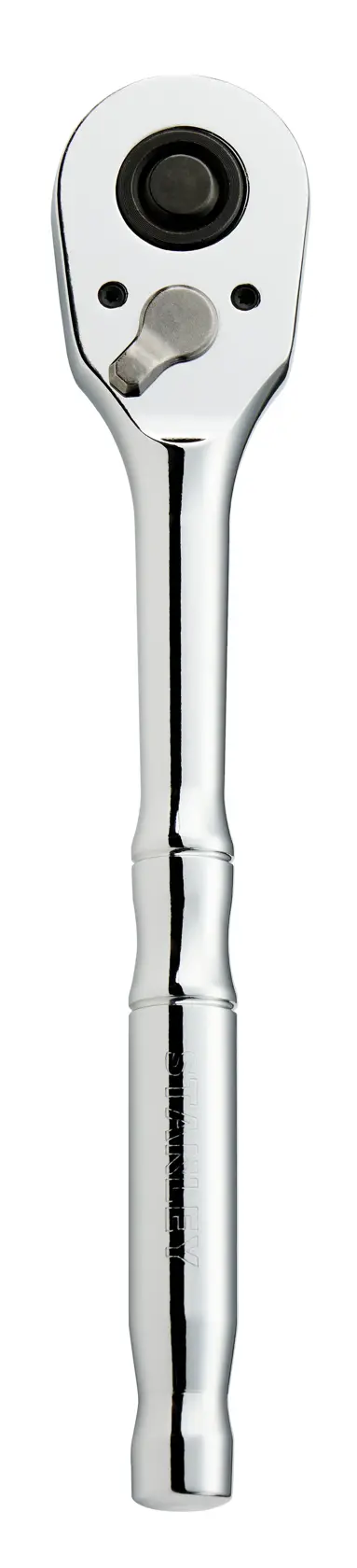 Llave de carraca con acabado cromado STANLEY STMT17989-LA, vista frontal, fondo blanco.