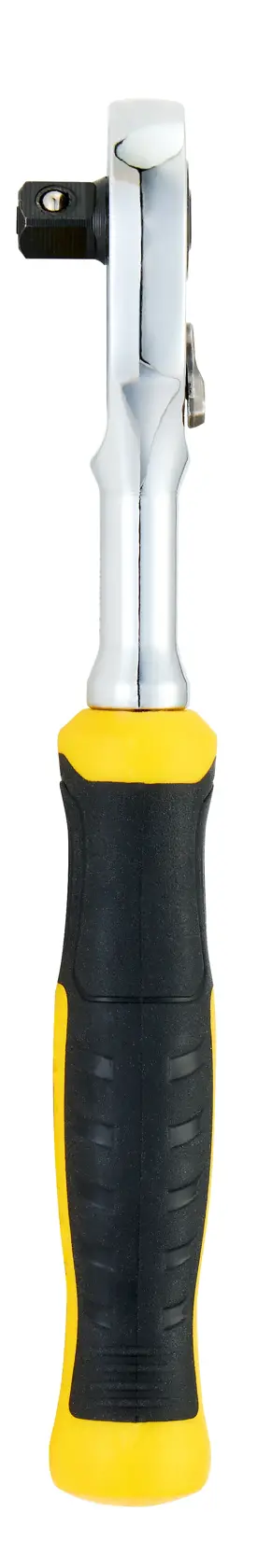 Llave de carraca STANLEY STMT17990-LA con mango negro y amarillo, vista frontal sobre fondo blanco.