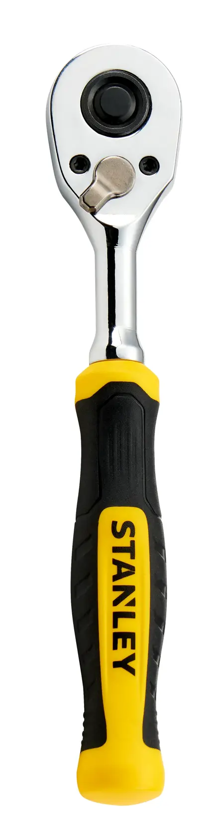 Foto de la llave de carraca STANLEY STMT17990-LA con mango negro y amarillo, vista frontal sobre fondo blanco.