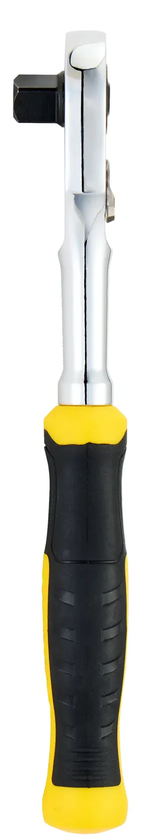 Llave de carraca STANLEY STMT17991-LA con mango ergonómico amarillo y negro, ángulo frontal sobre fondo blanco.