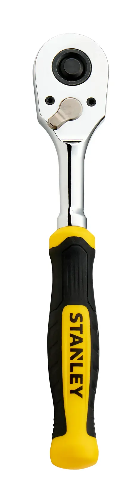 Llave de trinquete STANLEY STMT17992-LA con mango negro y amarillo, vista frontal sobre fondo blanco.