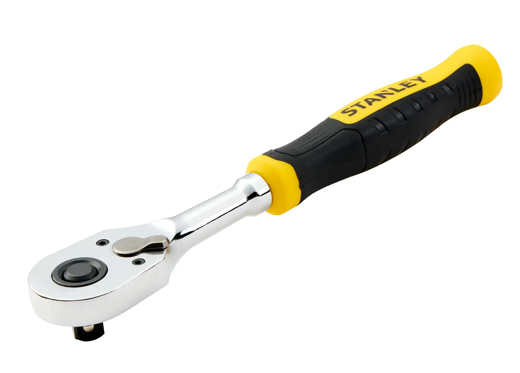 STANLEY STMT17992-LA carraca con cabeza cromada y mango ergonómico negro-amarillo, vista frontal, herramienta manual.