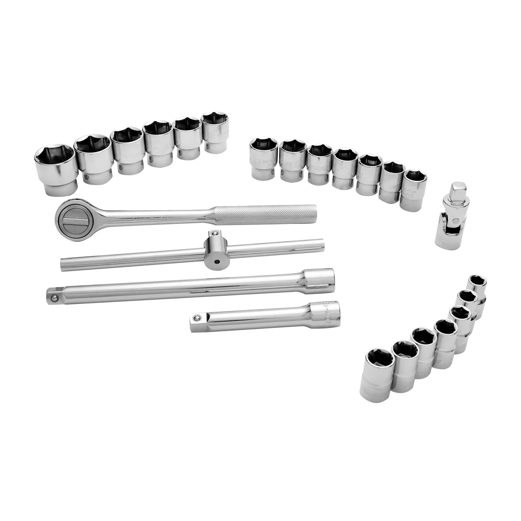 Juego de llaves de vaso STANLEY STMT45508-LA con matraca, barras de extensión y varios vasos sobre fondo blanco, vista superior.