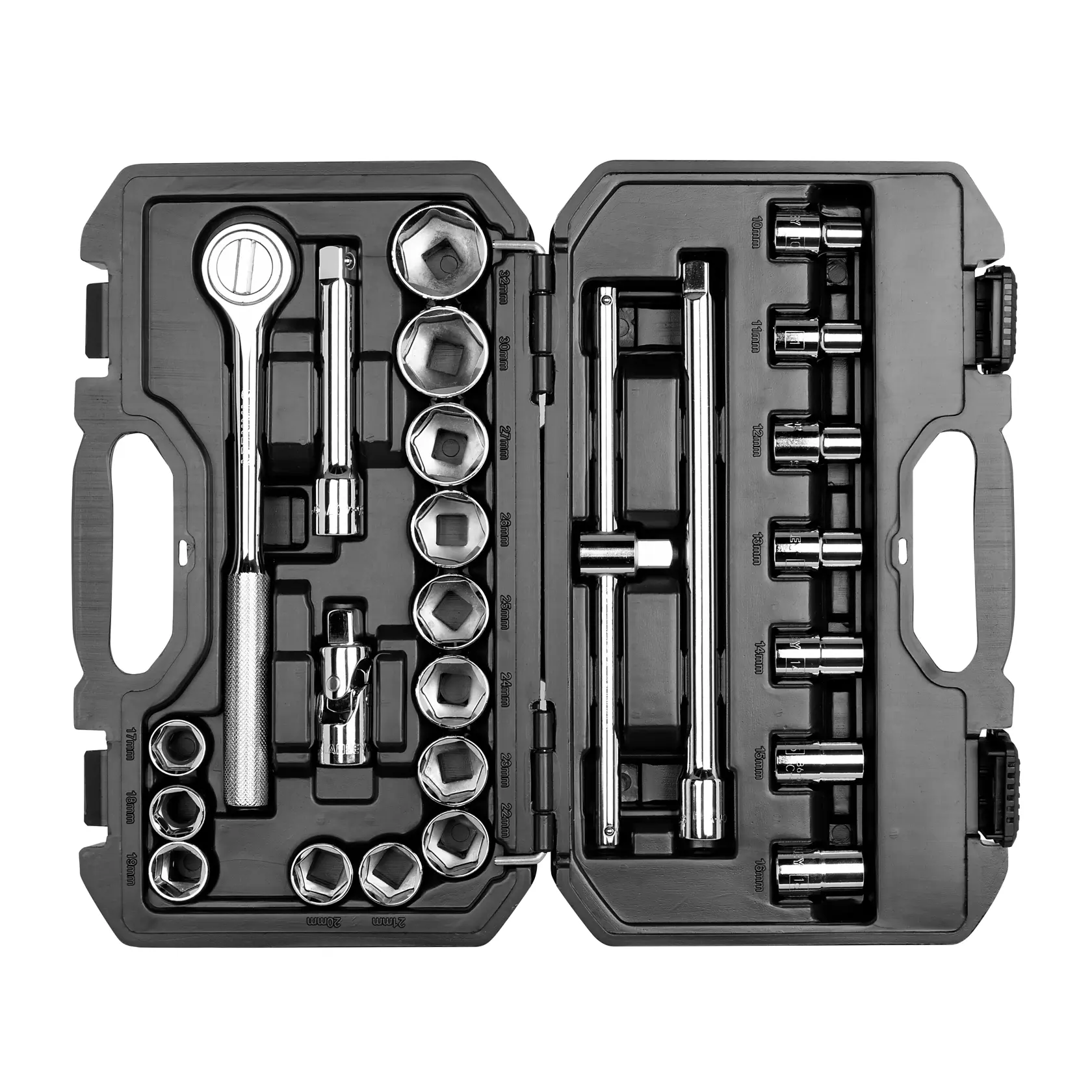 Juego de dados STANLEY STMT45508-LA con matraca, barras de extensión y dados en estuche rígido negro, vista superior.