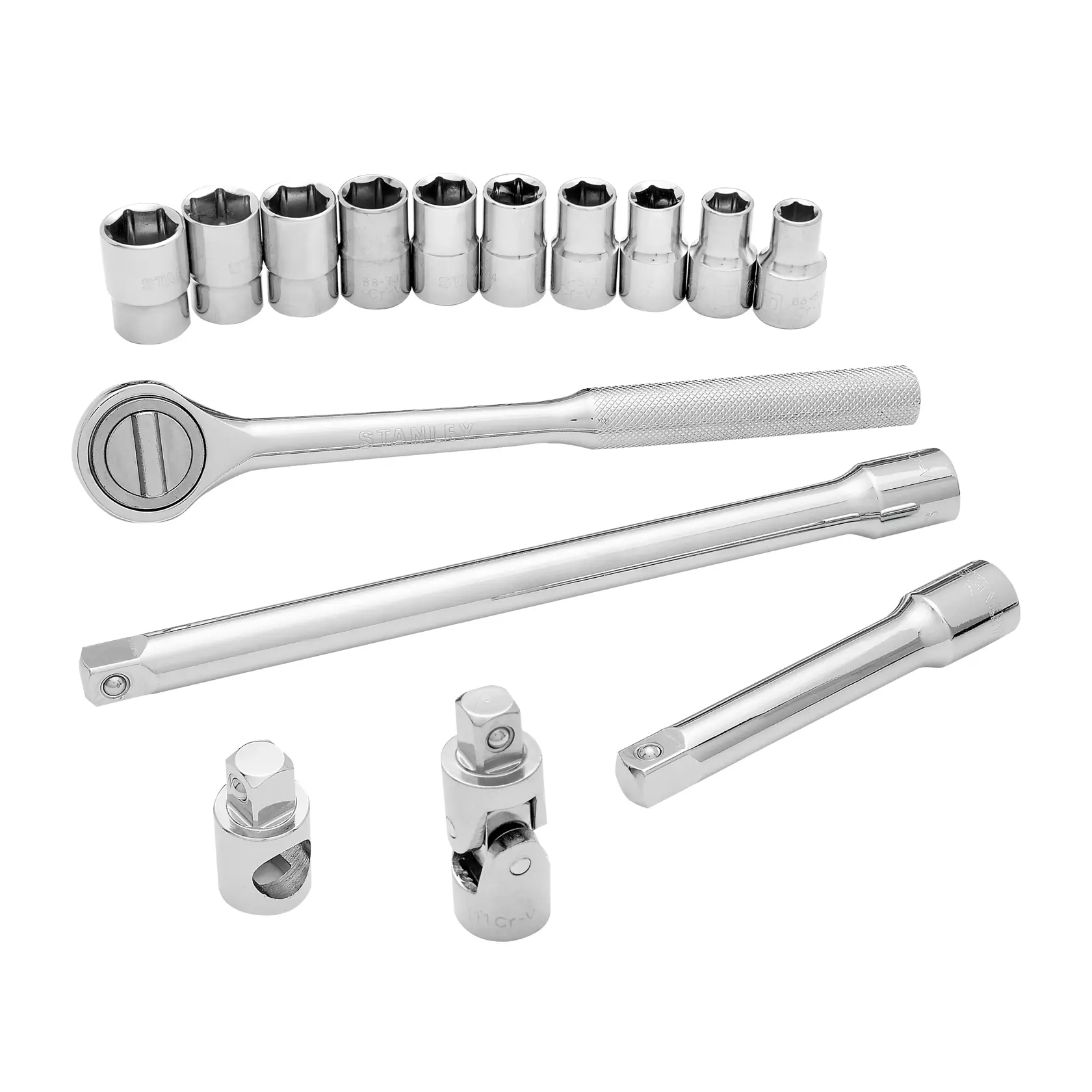STANLEY STMT45513-LA juego de llaves de vaso con trinquete, extensiones y adaptadores, fotografía, vista superior fondo blanco.
