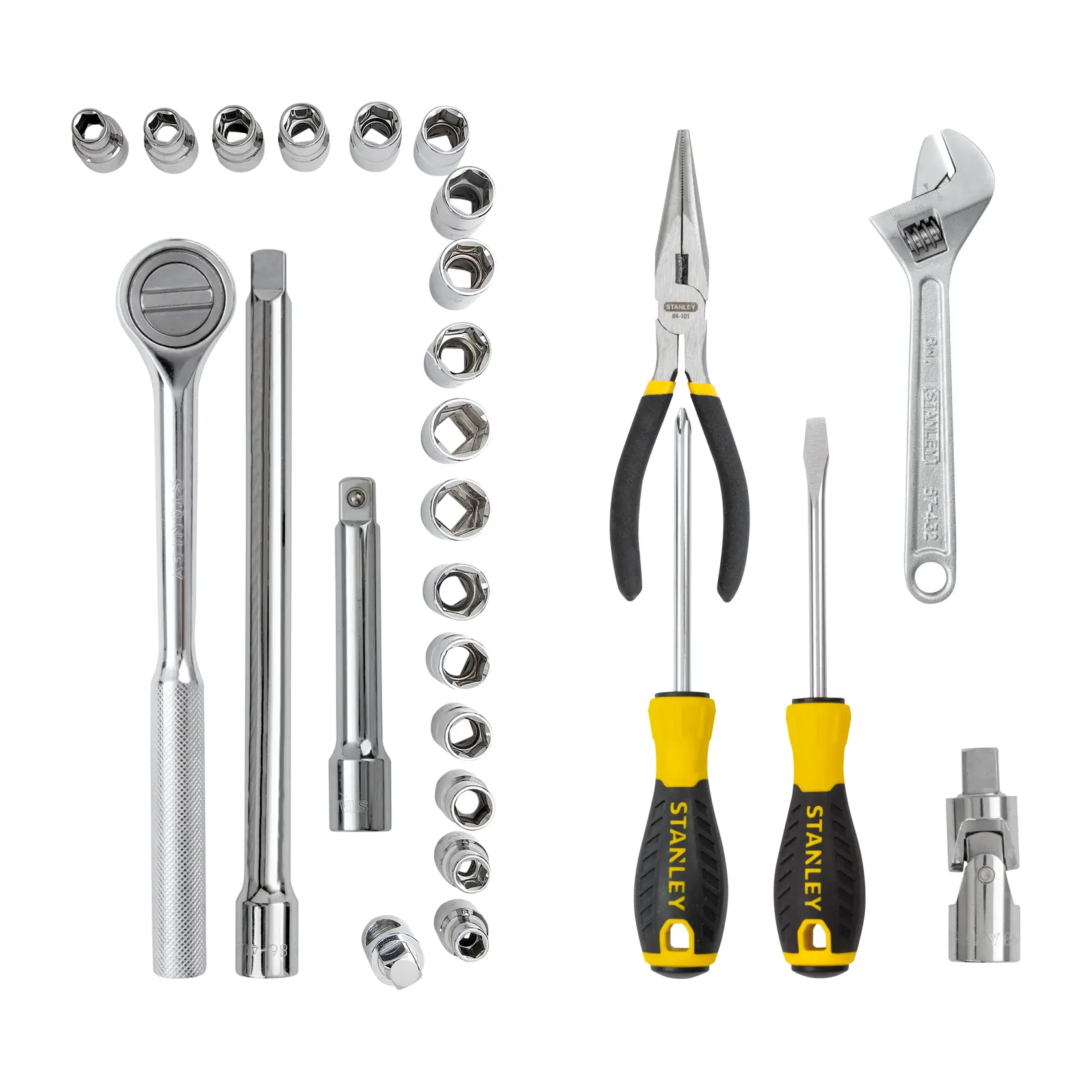 Stanley STMT45514-LA juego de herramientas manuales con matraca, dados, destornillador, pinzas y llave, vista superior.