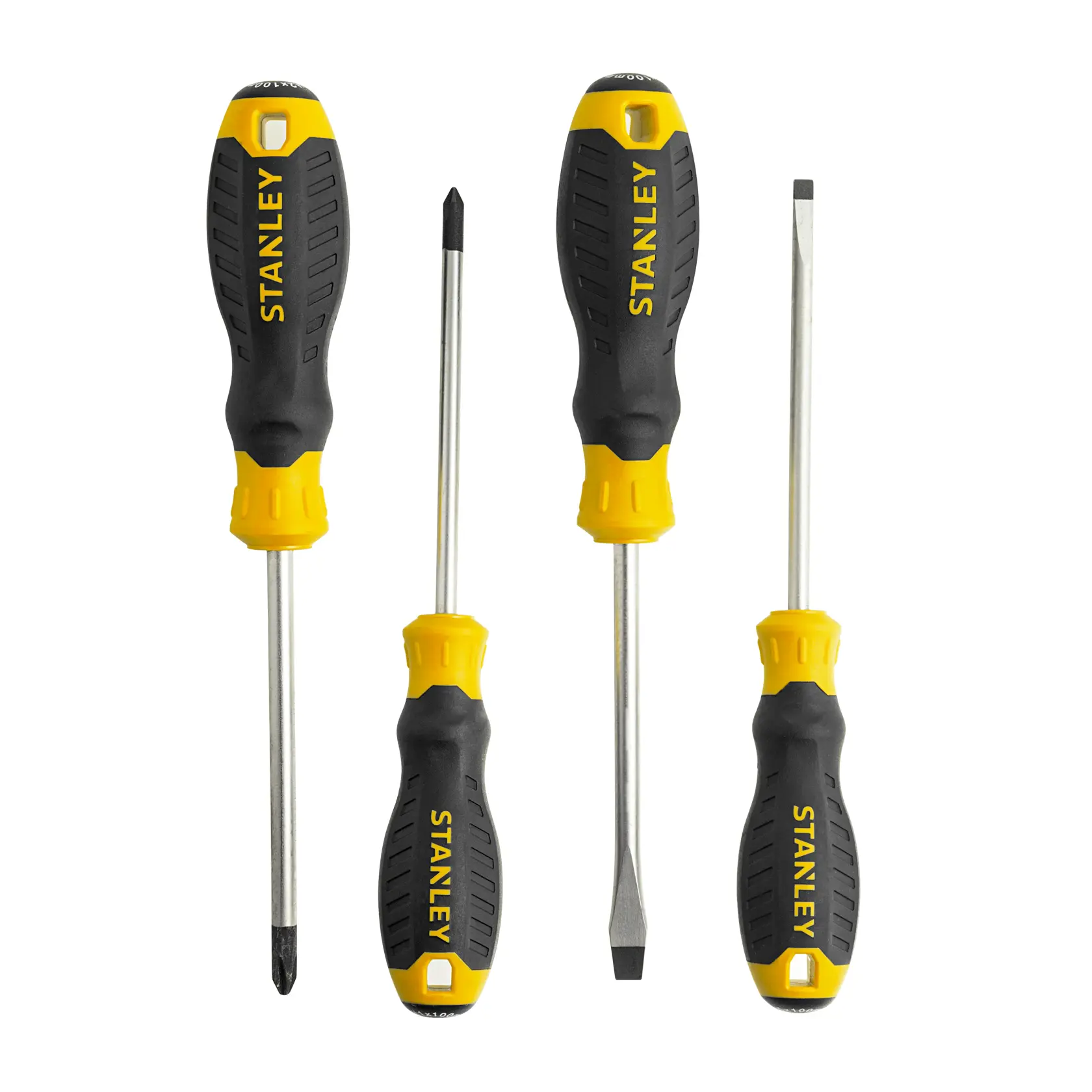 STANLEY STMT60040-LA juego de destornilladores, mangos negro y amarillo, vista frontal, cuatro piezas.