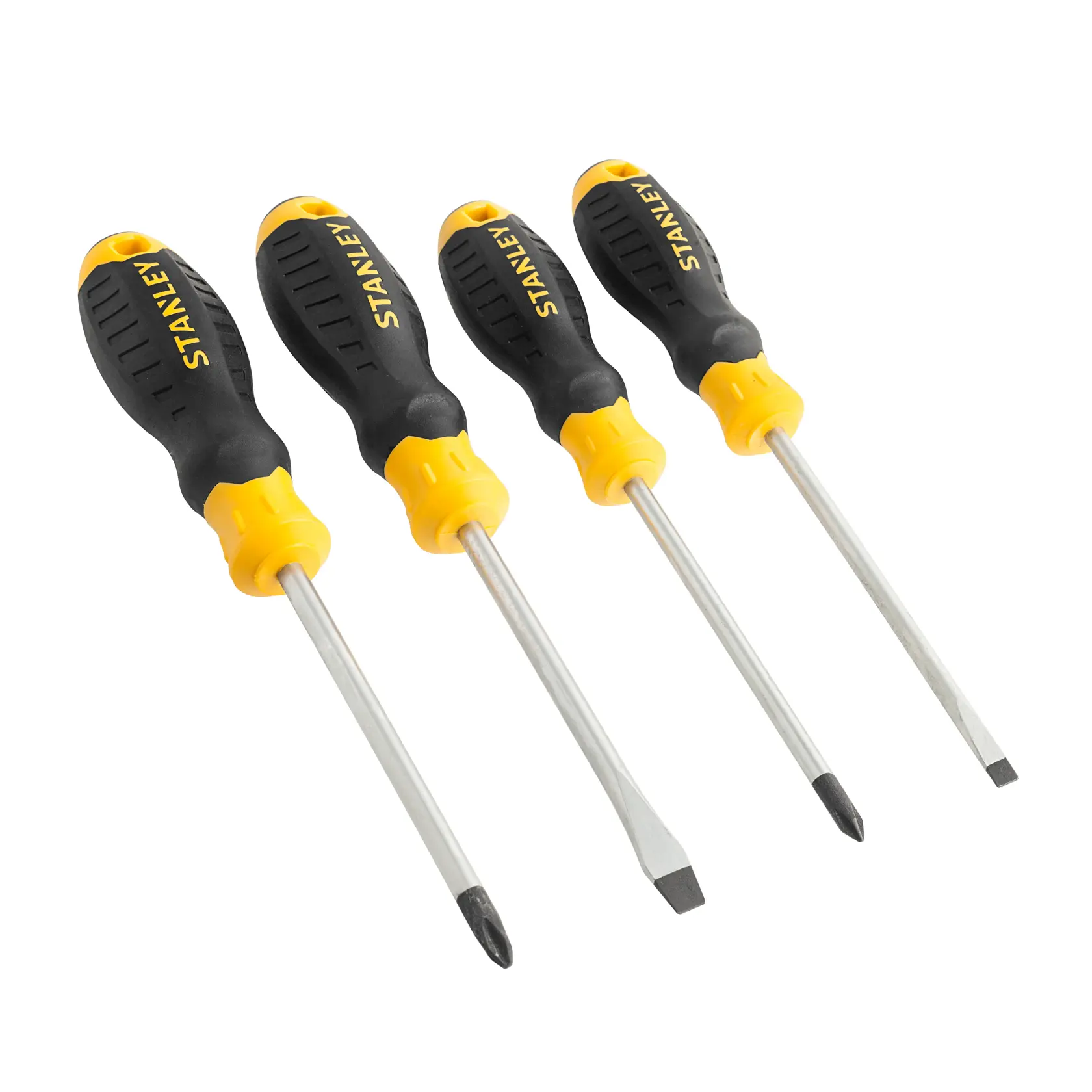 Juego de destornilladores STANLEY STMT60040-LA, cuatro piezas con mangos negro y amarillo, puntas planas y Phillips, foto en ángulo.