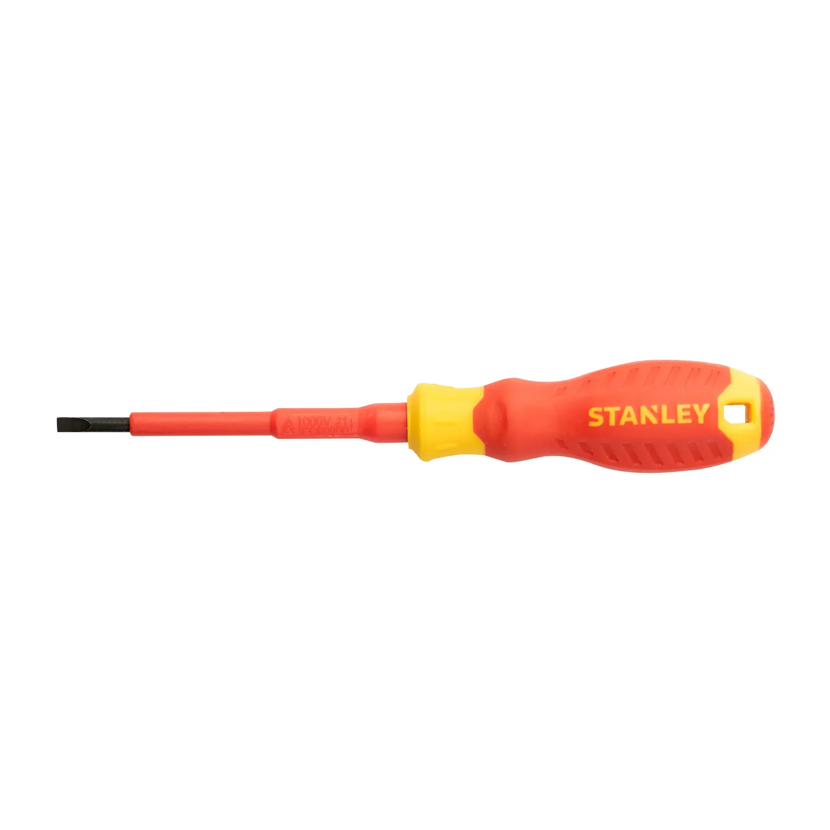 Destornillador plano aislado STANLEY STMT60163-LA con mango rojo y amarillo, vista lateral, fondo blanco.