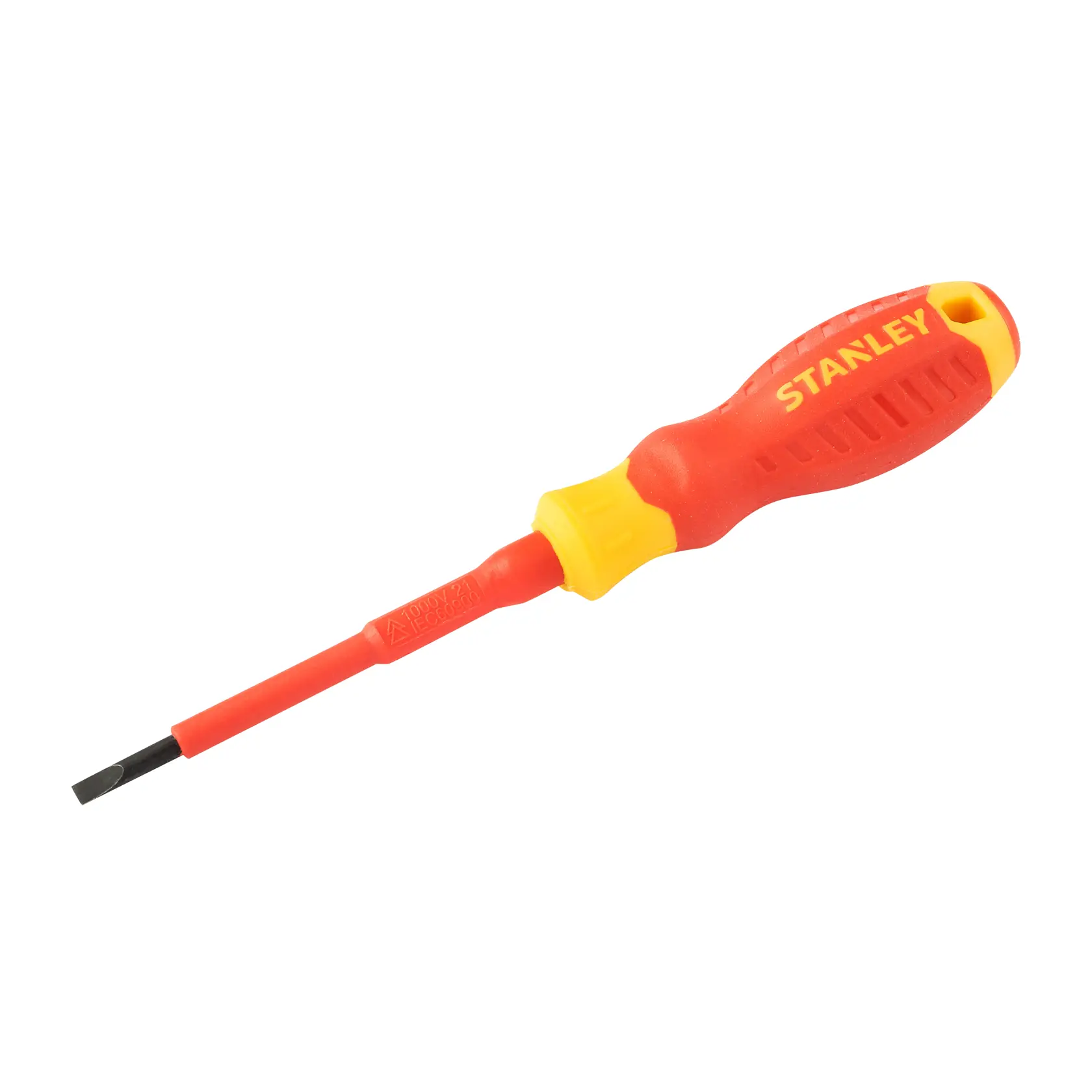 Destornillador plano aislado STANLEY STMT60163-LA con mango rojo y amarillo, vista lateral del producto sobre fondo blanco.