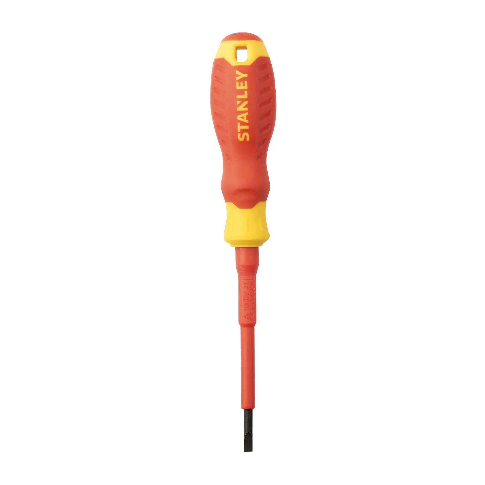 Stanley STMT60163-LA destornillador plano aislado, mango rojo y amarillo, vista frontal.