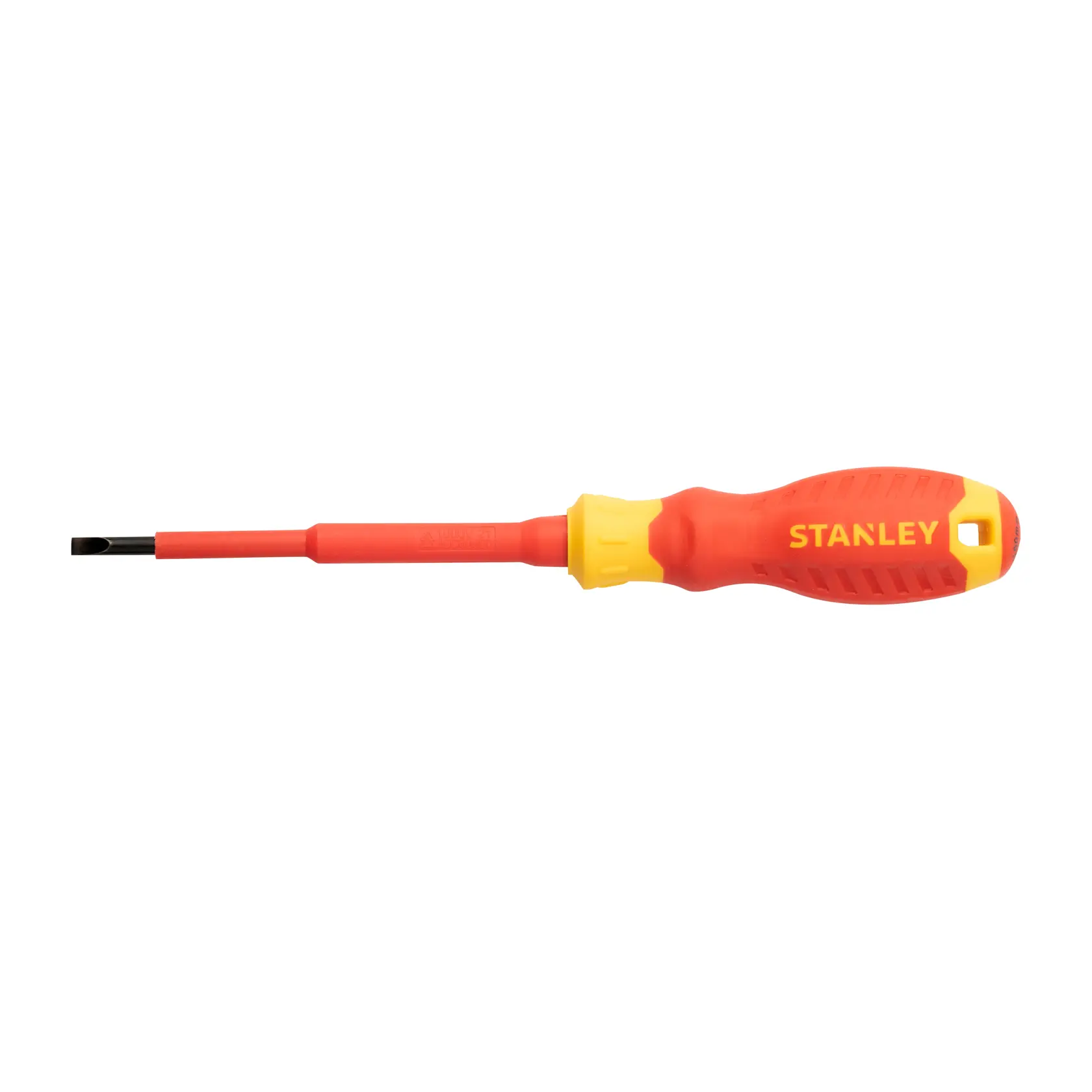 Destornillador plano aislado STANLEY STMT60164-LA con mango rojo y amarillo, ángulo lateral sobre fondo blanco.
