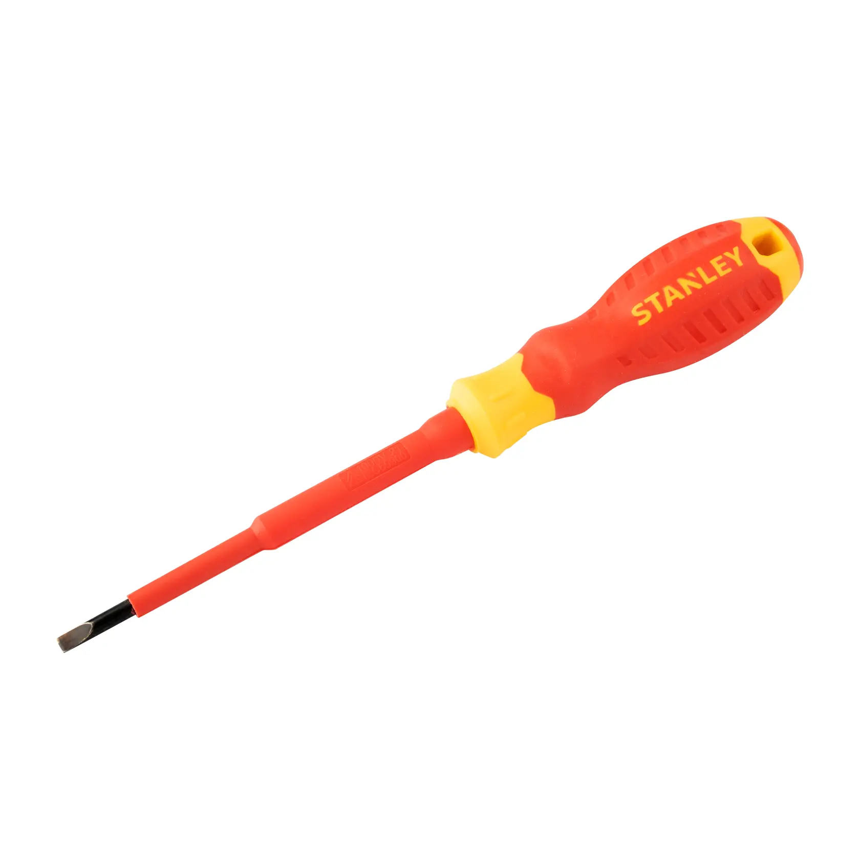 Destornillador plano aislado STANLEY STMT60164-LA con mango rojo y amarillo, ángulo lateral sobre fondo blanco.
