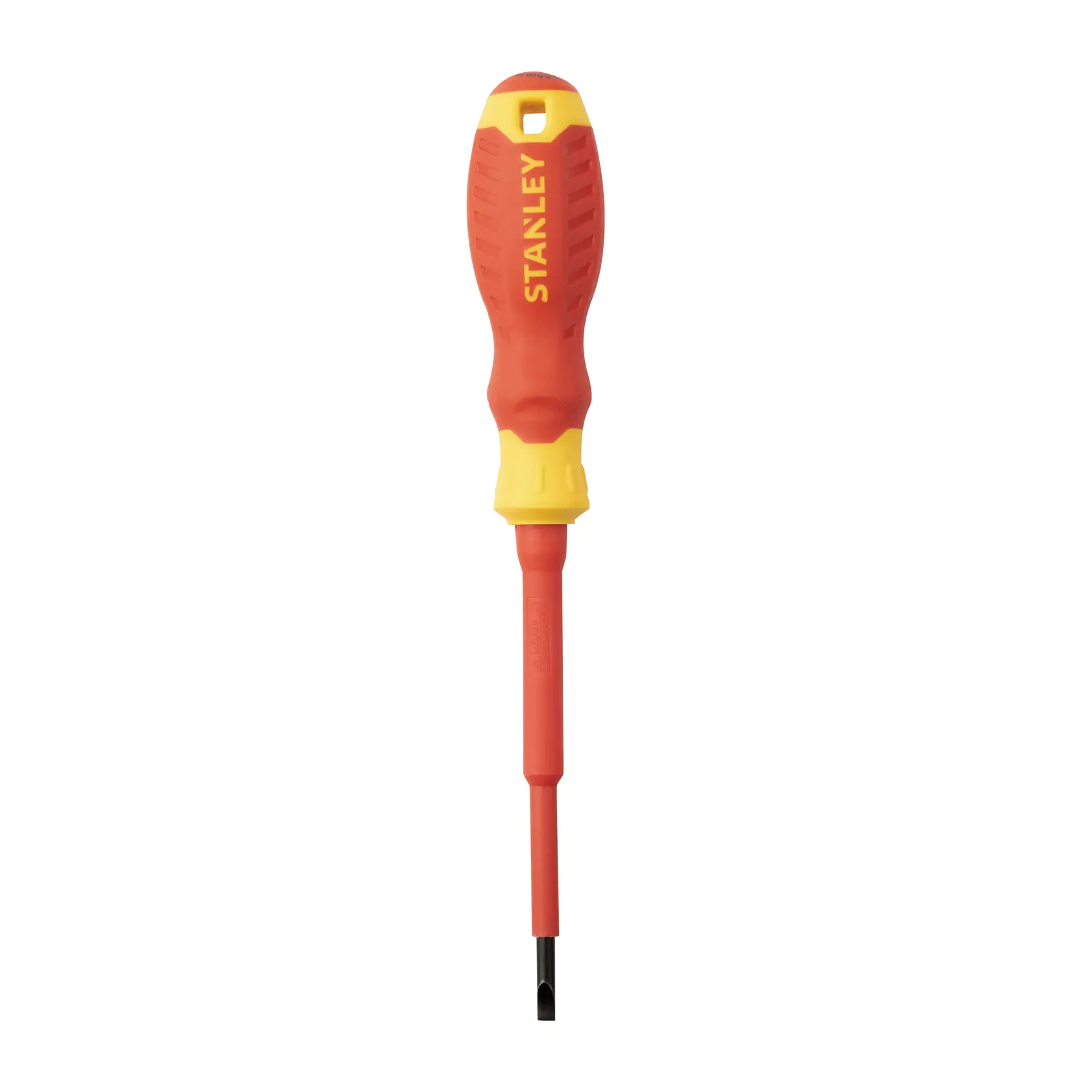 Destornillador plano aislado STANLEY STMT60164-LA con mango rojo y amarillo, vista frontal, fondo blanco.