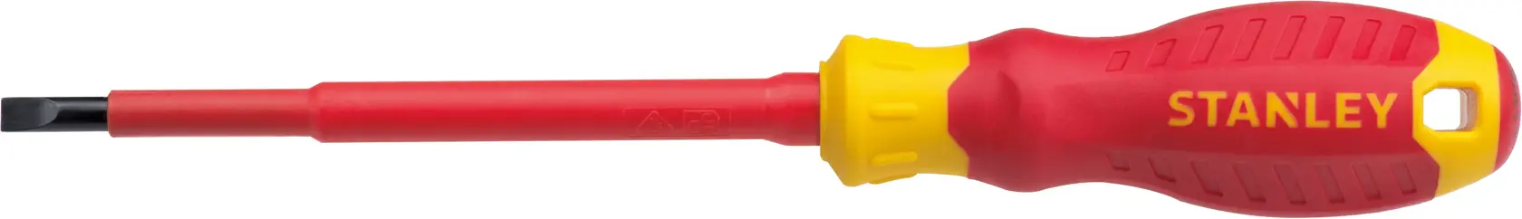 Stanley STMT60165 destornillador plano aislado con mango rojo y amarillo, vista lateral, sobre fondo blanco.