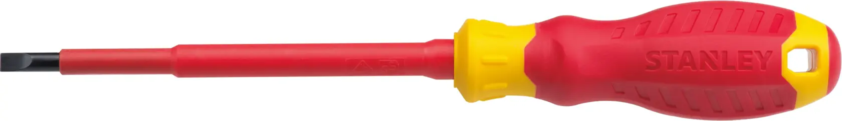 STANLEY STMT60165 destornillador plano aislado, rojo y amarillo, vista lateral del producto sobre fondo blanco.