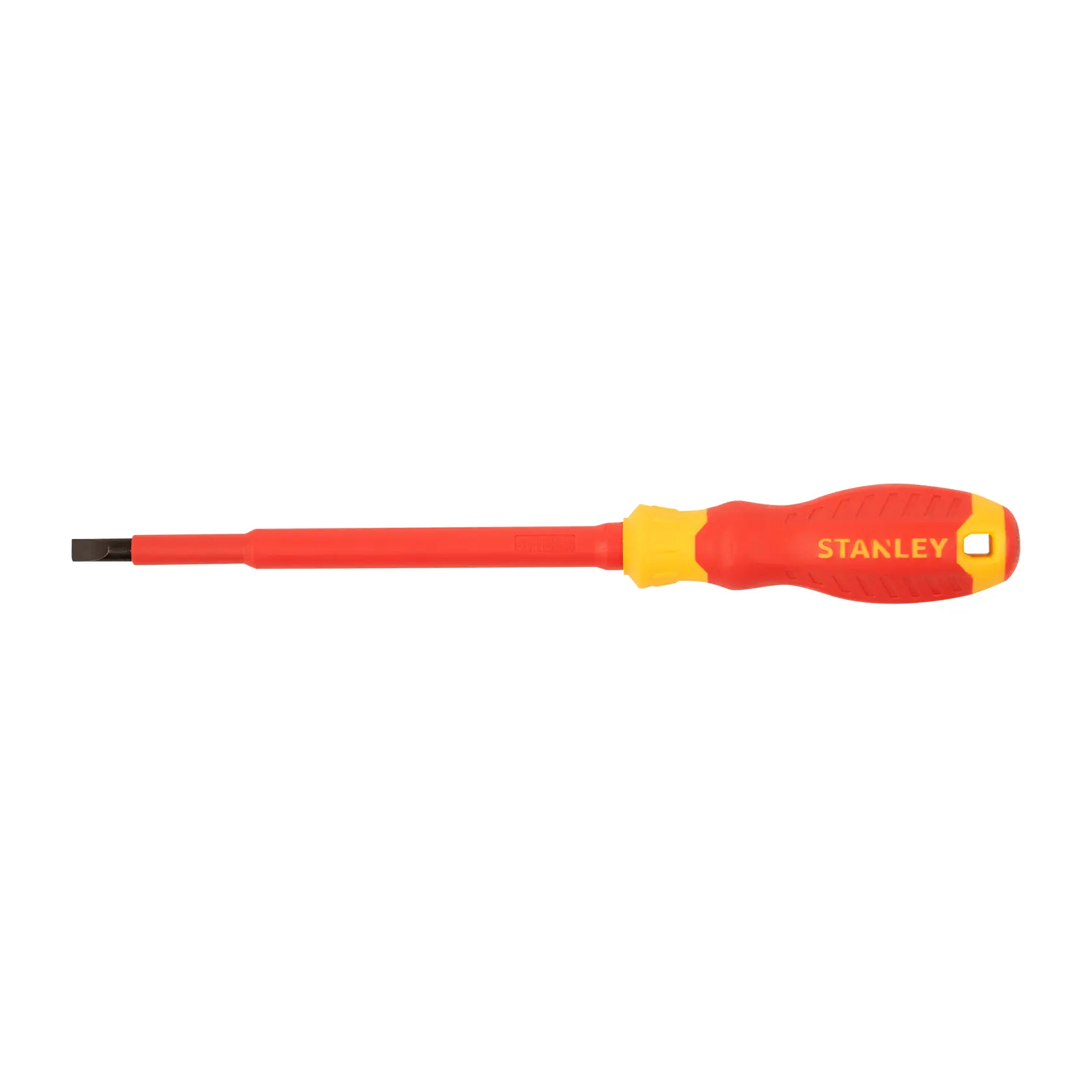 Destornillador plano aislado STANLEY STMT60166-LA, mango rojo y amarillo, vista lateral, herramienta manual.