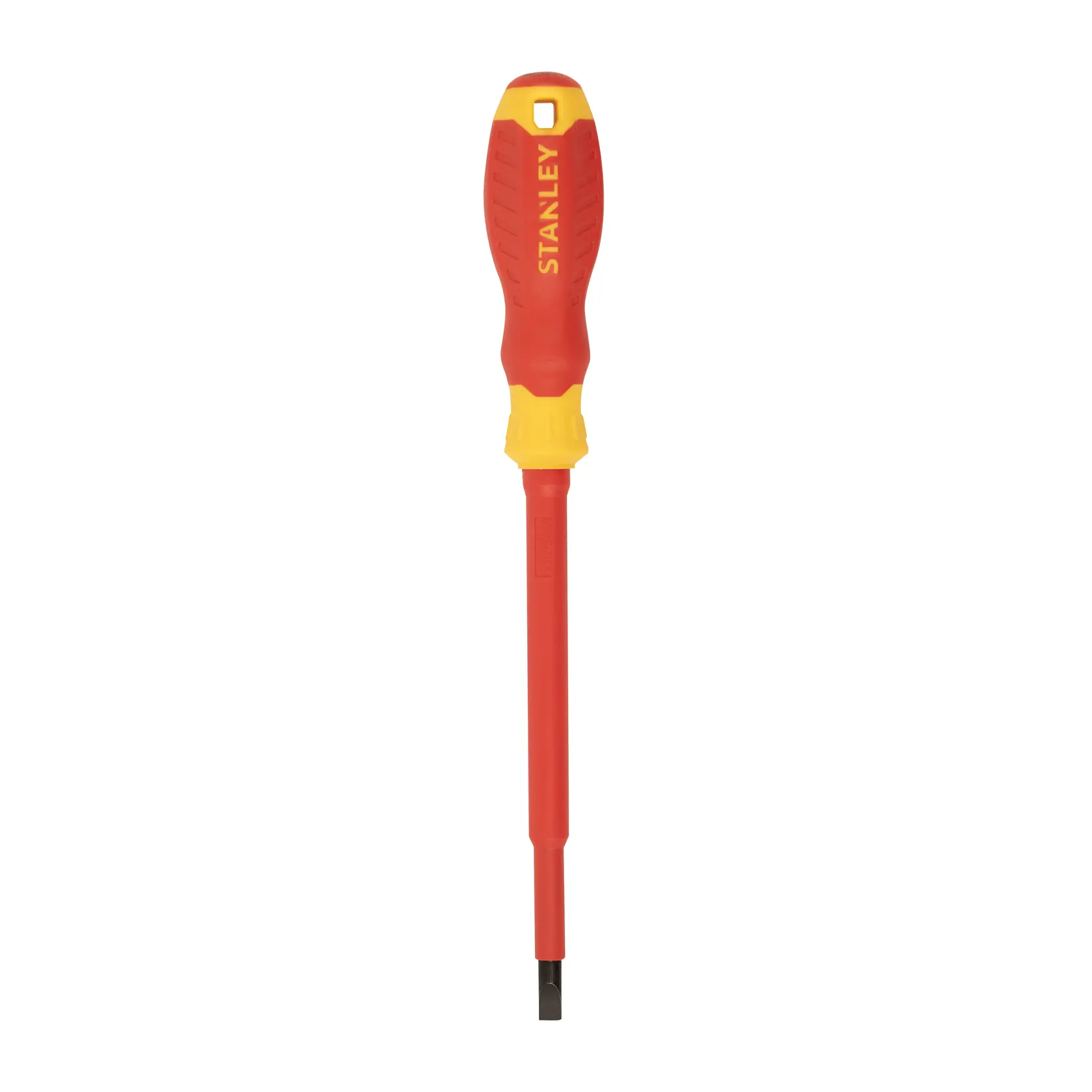 Destornillador plano STANLEY STMT60166-LA aislado, mango rojo y amarillo, ángulo frontal, fondo blanco.