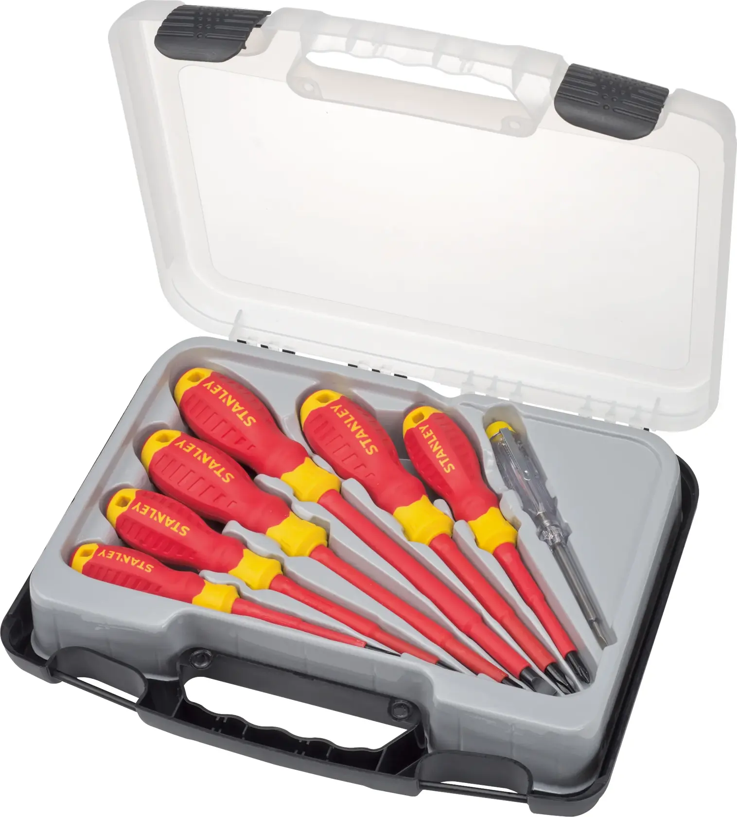 Set de destornilladores aislados STANLEY STMT60175 rojo y amarillo en estuche plástico, vista superior.
