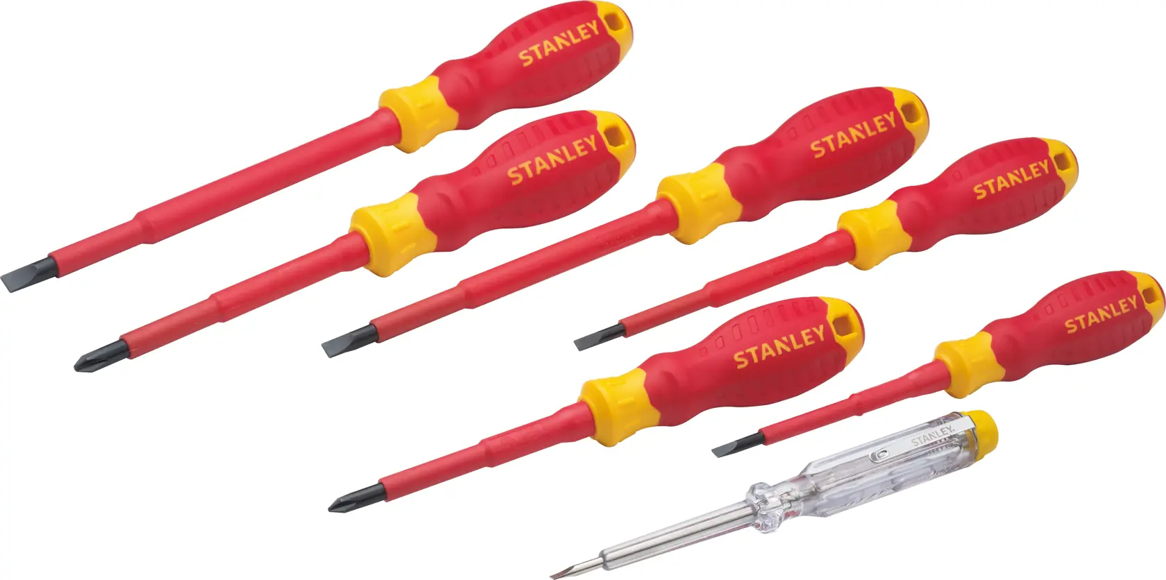 Juego de destornilladores STANLEY STMT60175 con mangos aislados rojo y amarillo, tipos plano y Phillips, vista superior.