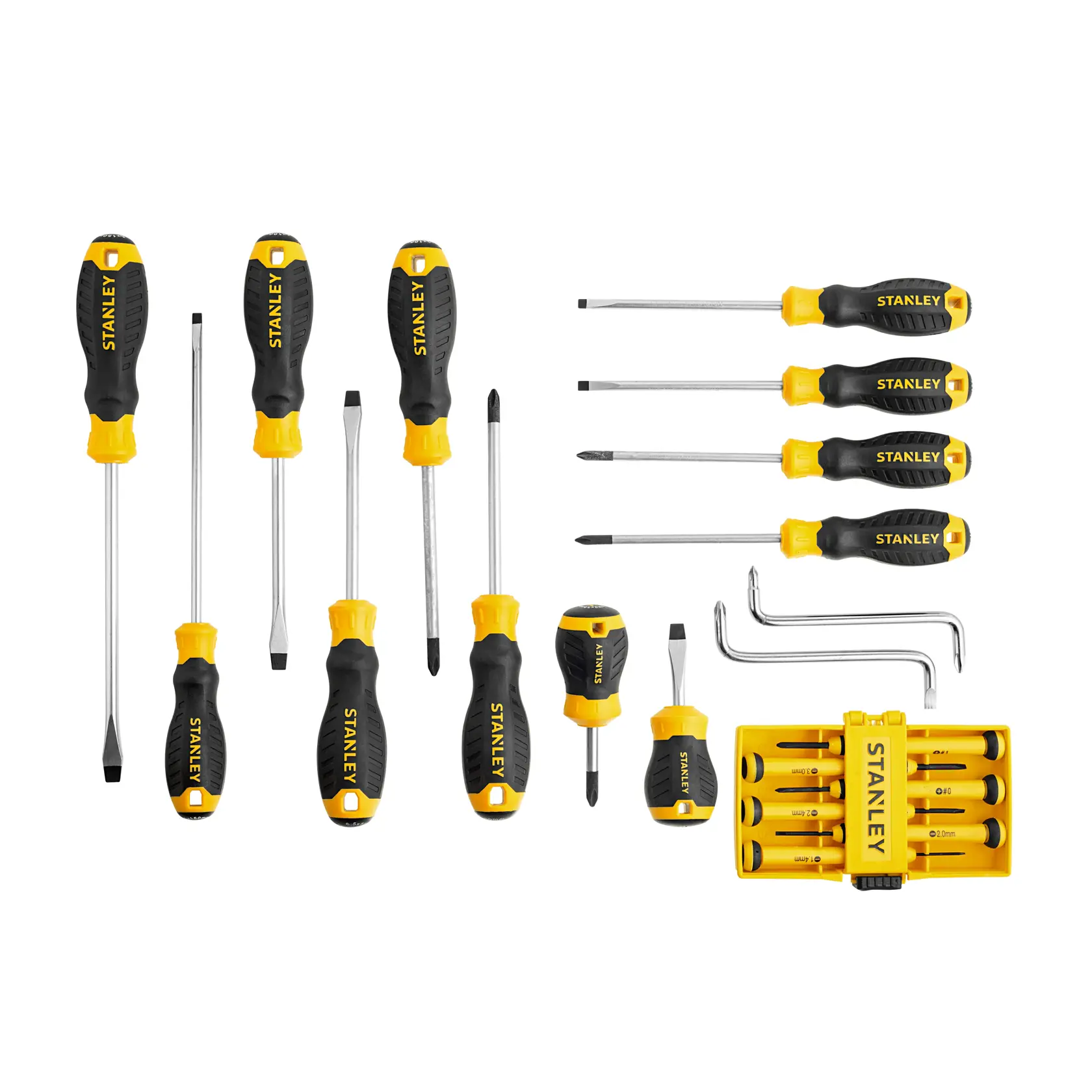 Stanley STMT60220-LA juego de destornilladores con mangos amarillos y negros, varios tipos, plano sobre fondo blanco.