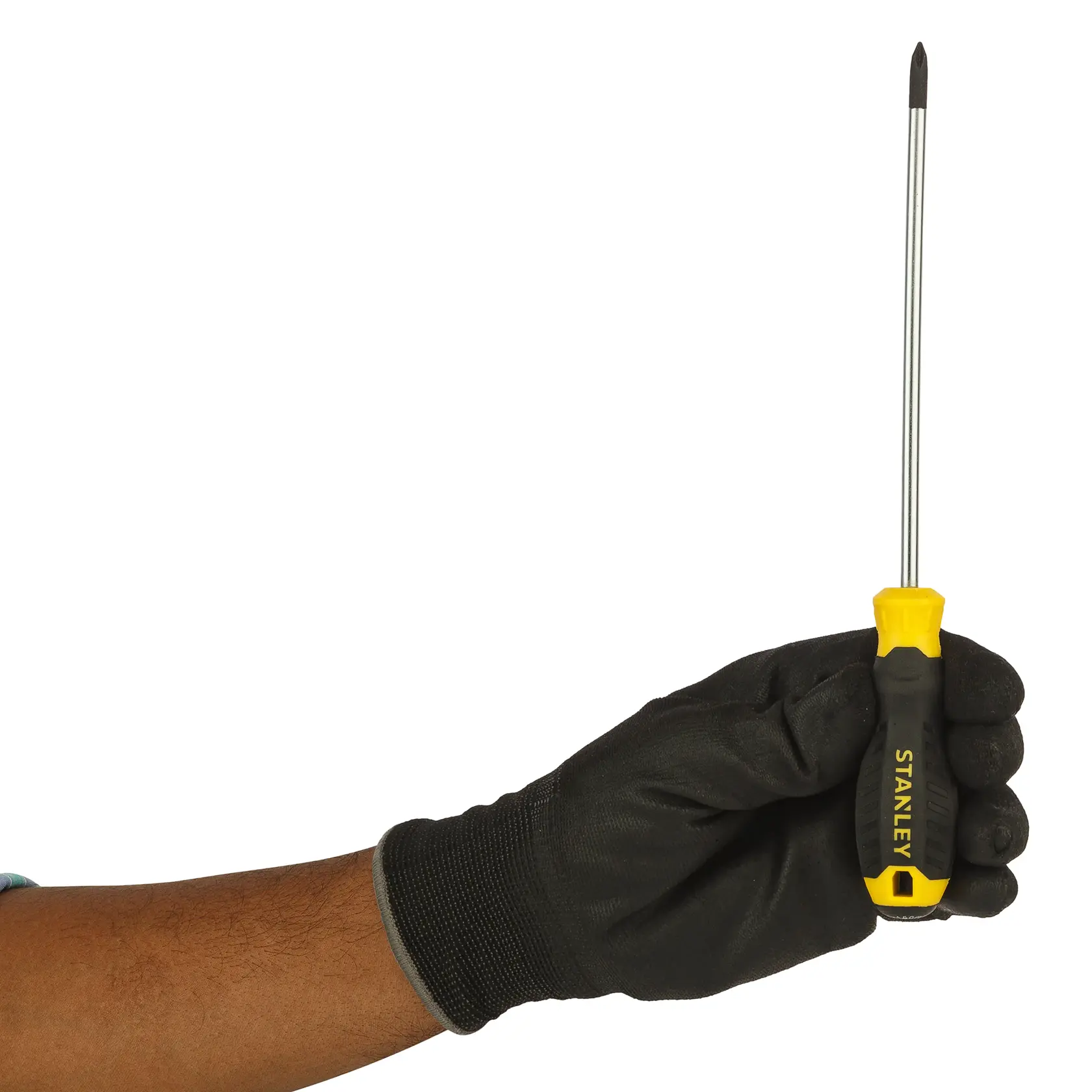 Fotografía del destornillador Phillips STANLEY STMT60806-840 con mango amarillo y negro, sostenido por una mano enguantada, vista lateral.
