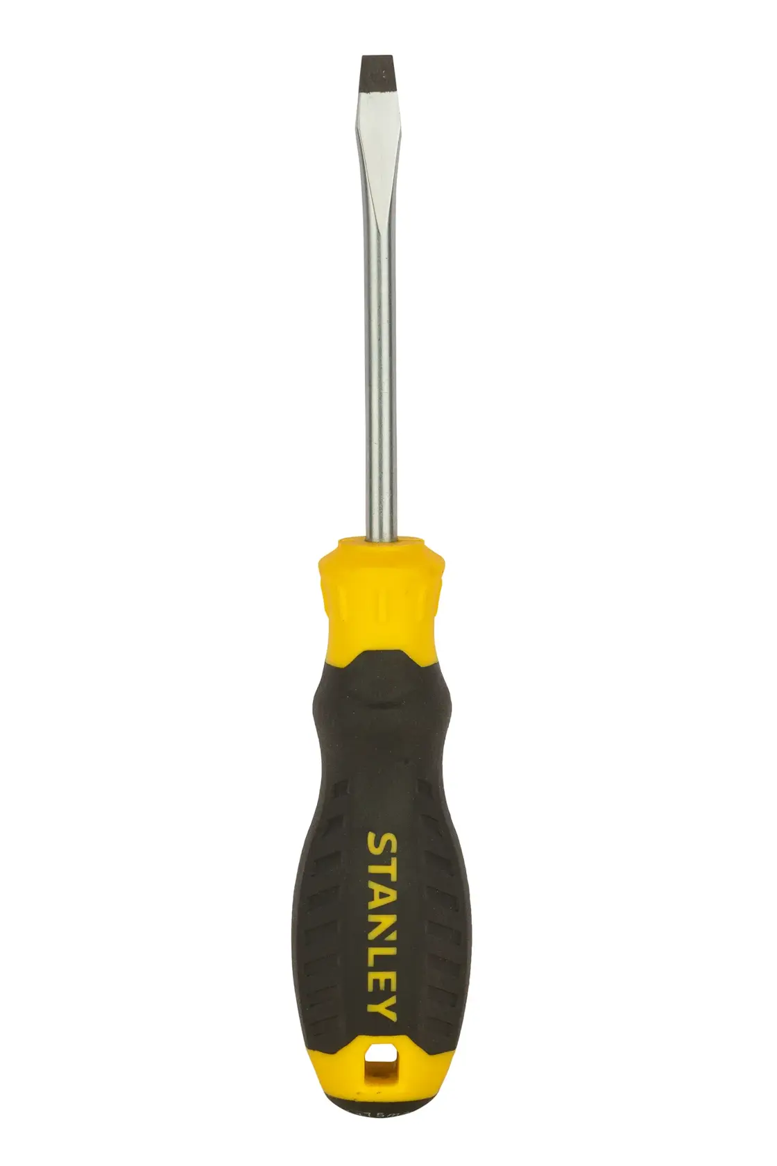 Un destornillador plano con mango negro y amarillo con la etiqueta STANLEY.