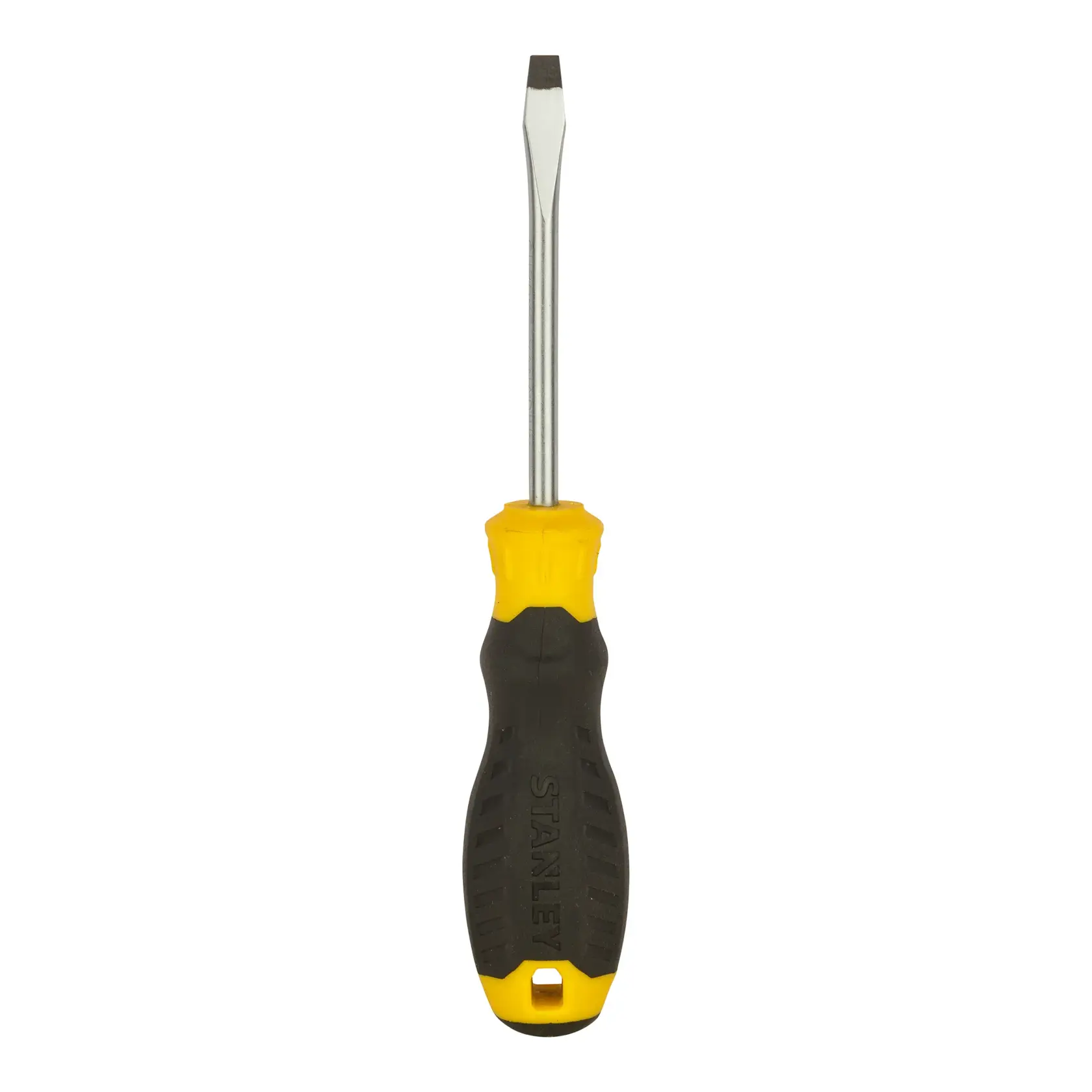 Destornillador de punta plana Stanley con mango negro y amarillo.