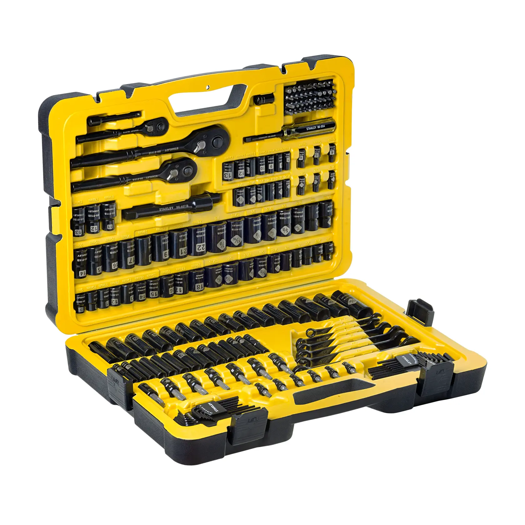 STANLEY STMT71662-LA juego de dados y matraca en estuche rígido amarillo, vista angular, herramientas variadas.