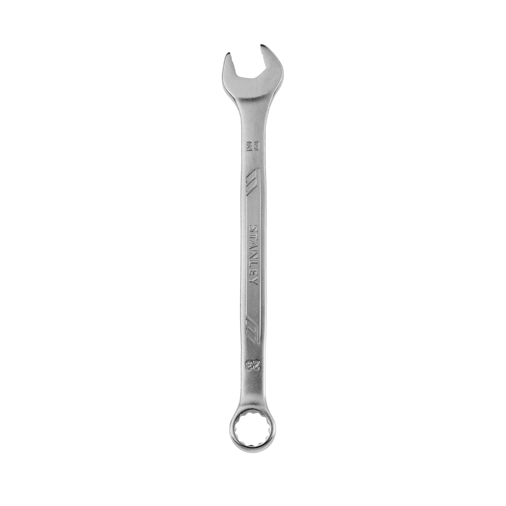 Llave combinada STANLEY STMT72820, metal plateado, mango recto, vista superior sobre fondo blanco.