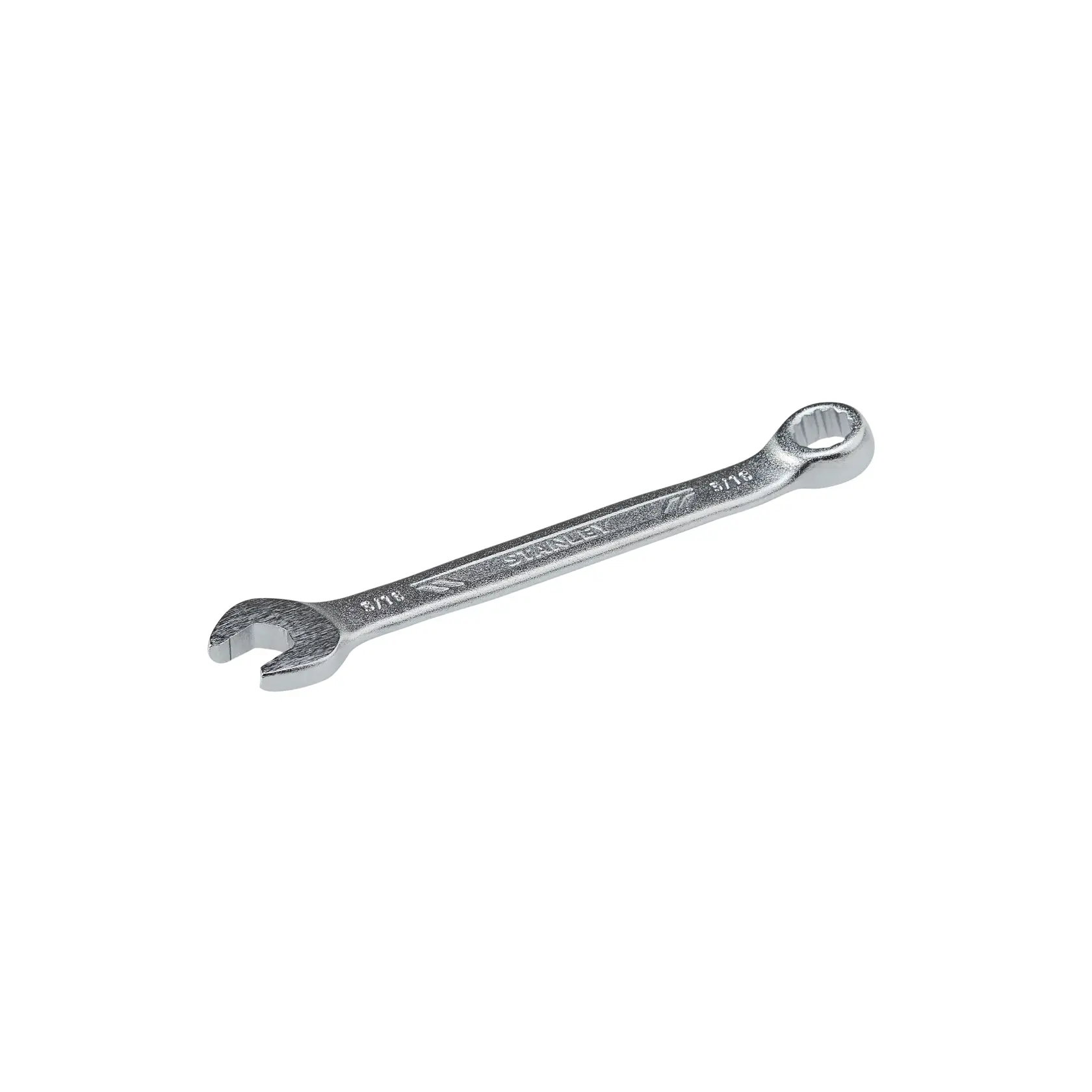 Llave combinada Stanley STMT72830 con acabado cromado, mostrada en ángulo sobre fondo blanco.