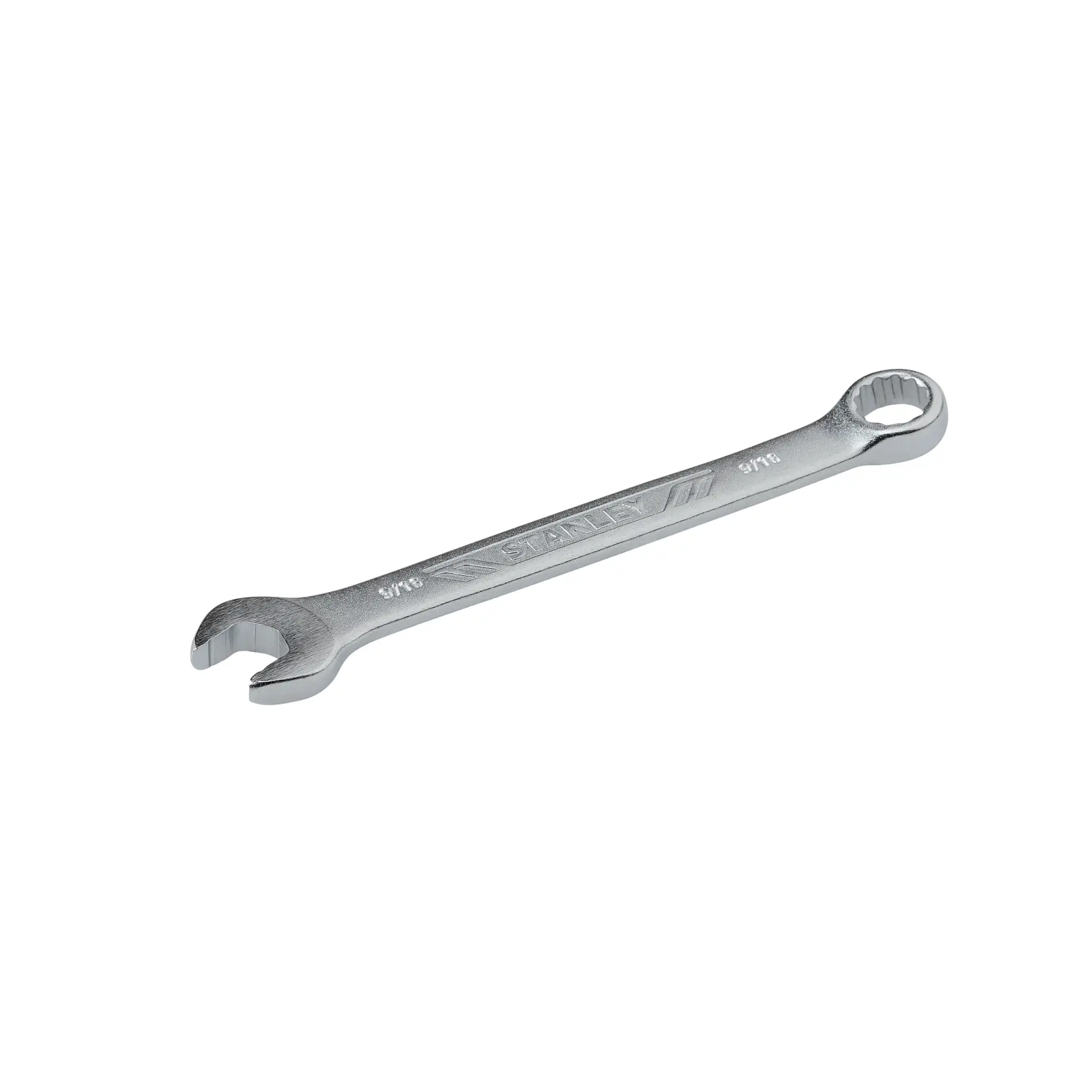 Llave combinada cromada STANLEY STMT72834, vista en ángulo sobre fondo blanco.