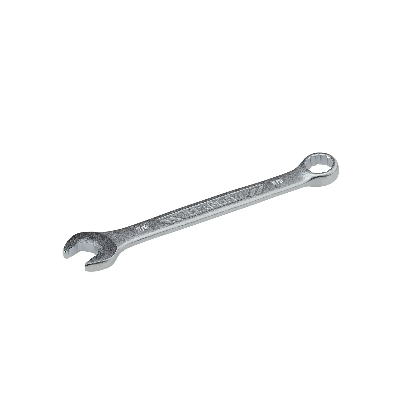 Llave combinada STANLEY STMT72835, acabado plateado, 7/16 pulgadas, vista izquierda, sobre fondo blanco.
