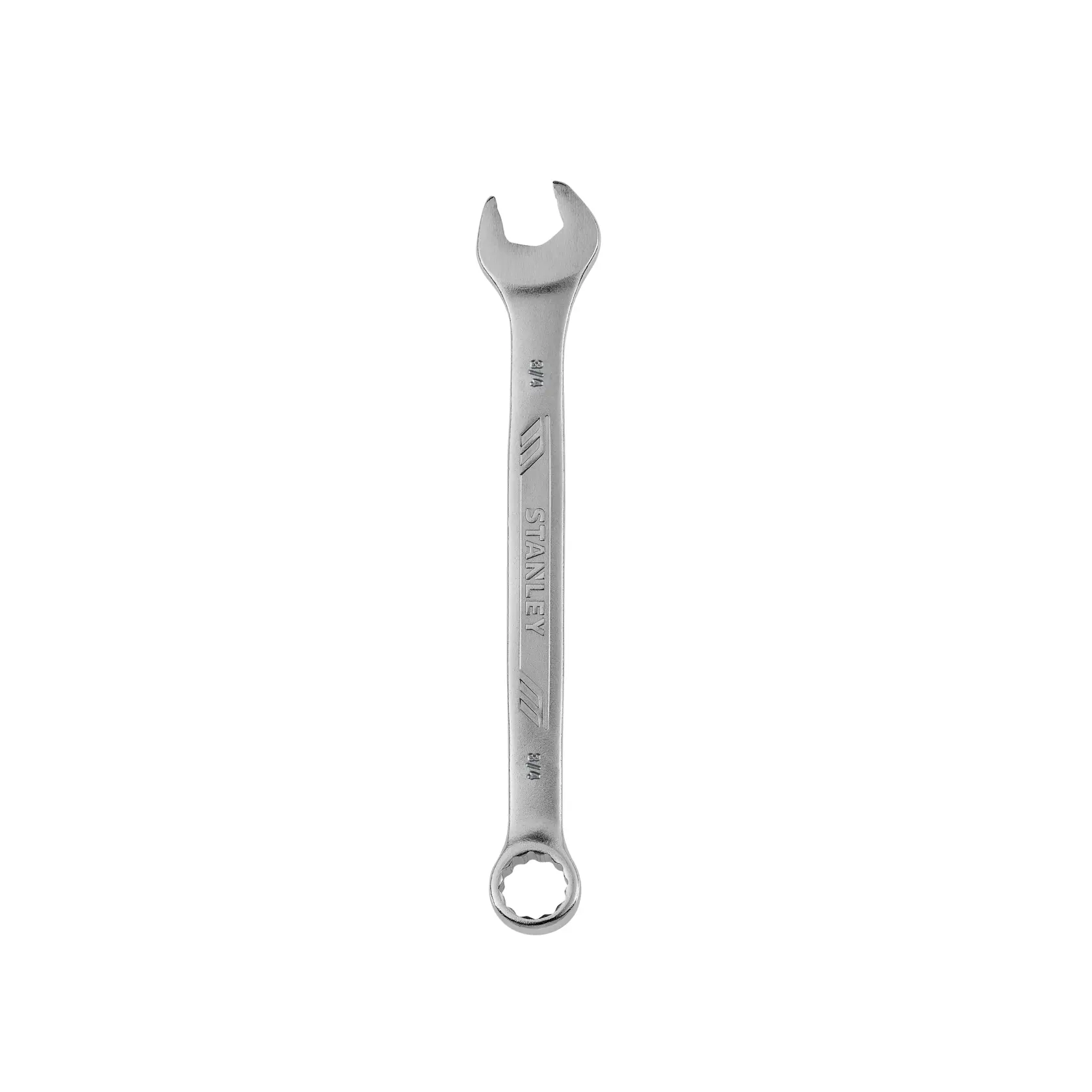 Llave combinada STANLEY STMT72837, acabado plateado, fotografía desde arriba sobre fondo blanco.