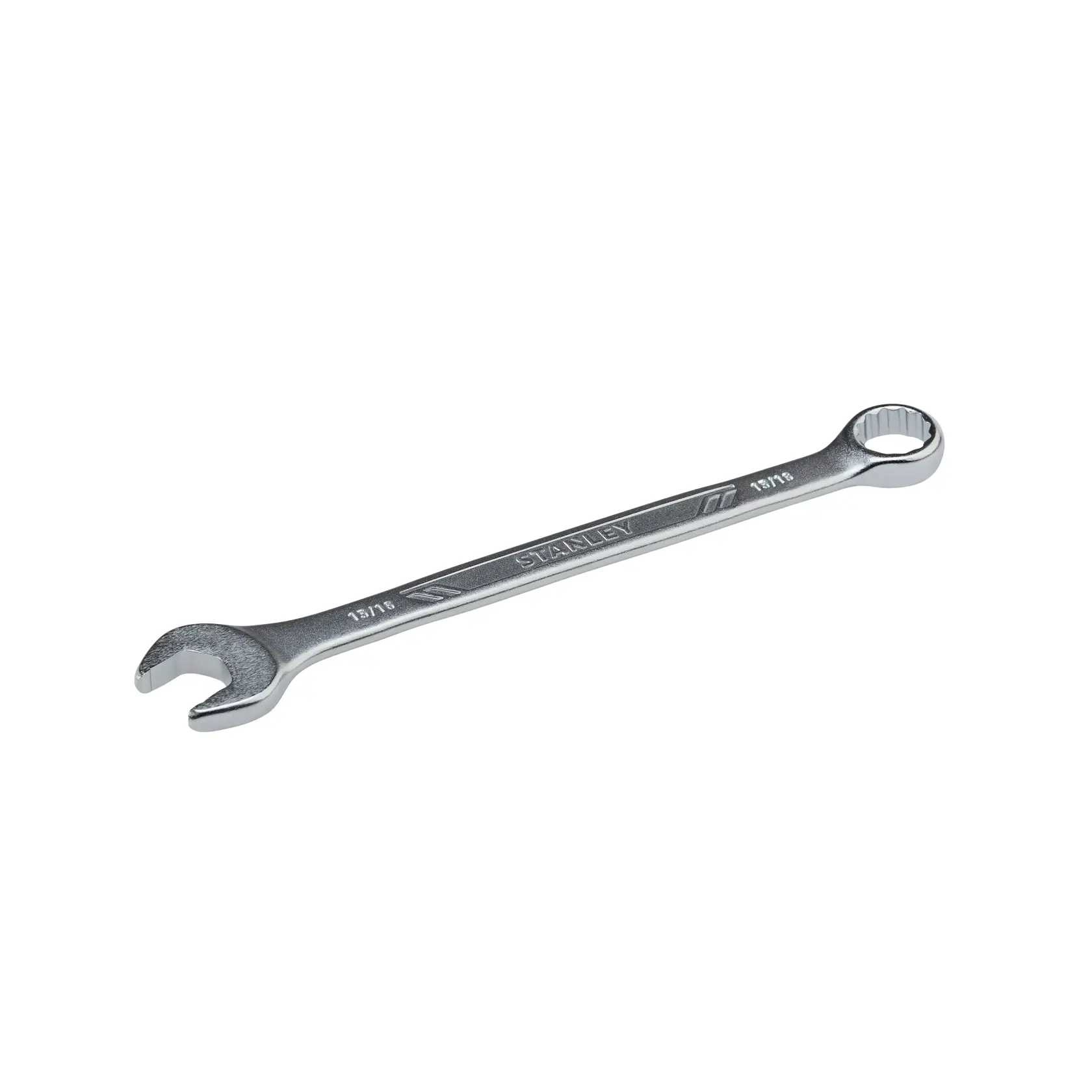 Llave combinada STANLEY STMT72840, acabado plateado, vista lateral en ángulo sobre fondo blanco.