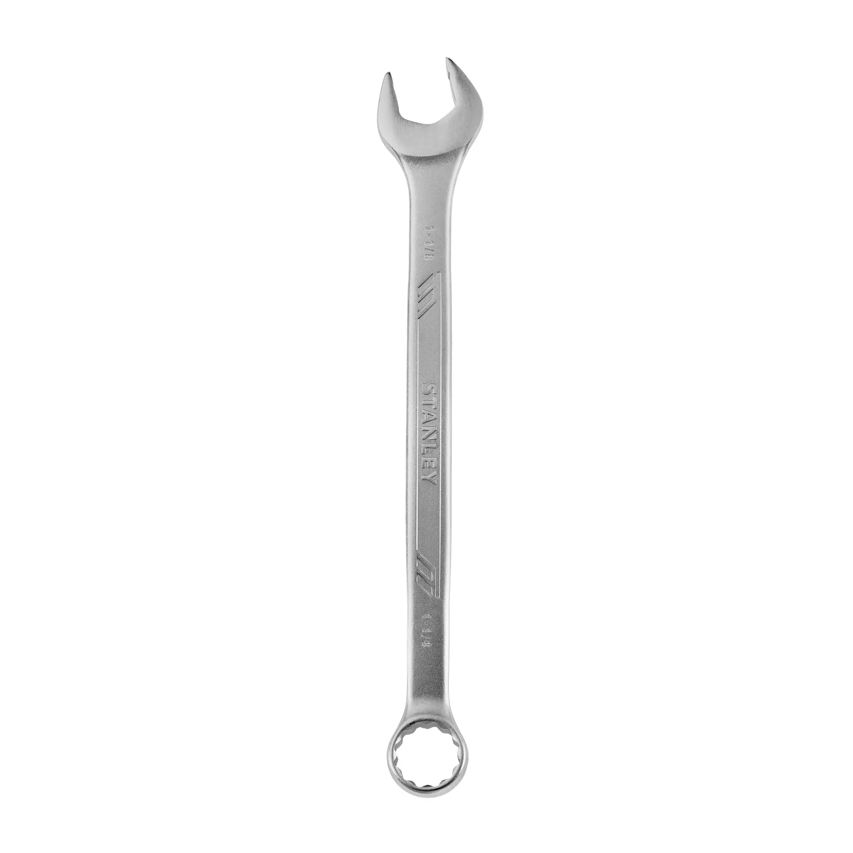 Llave combinada STANLEY STMT72843, plateada, fotografía en fondo blanco, muestra extremos abierto y de boca cerrada.