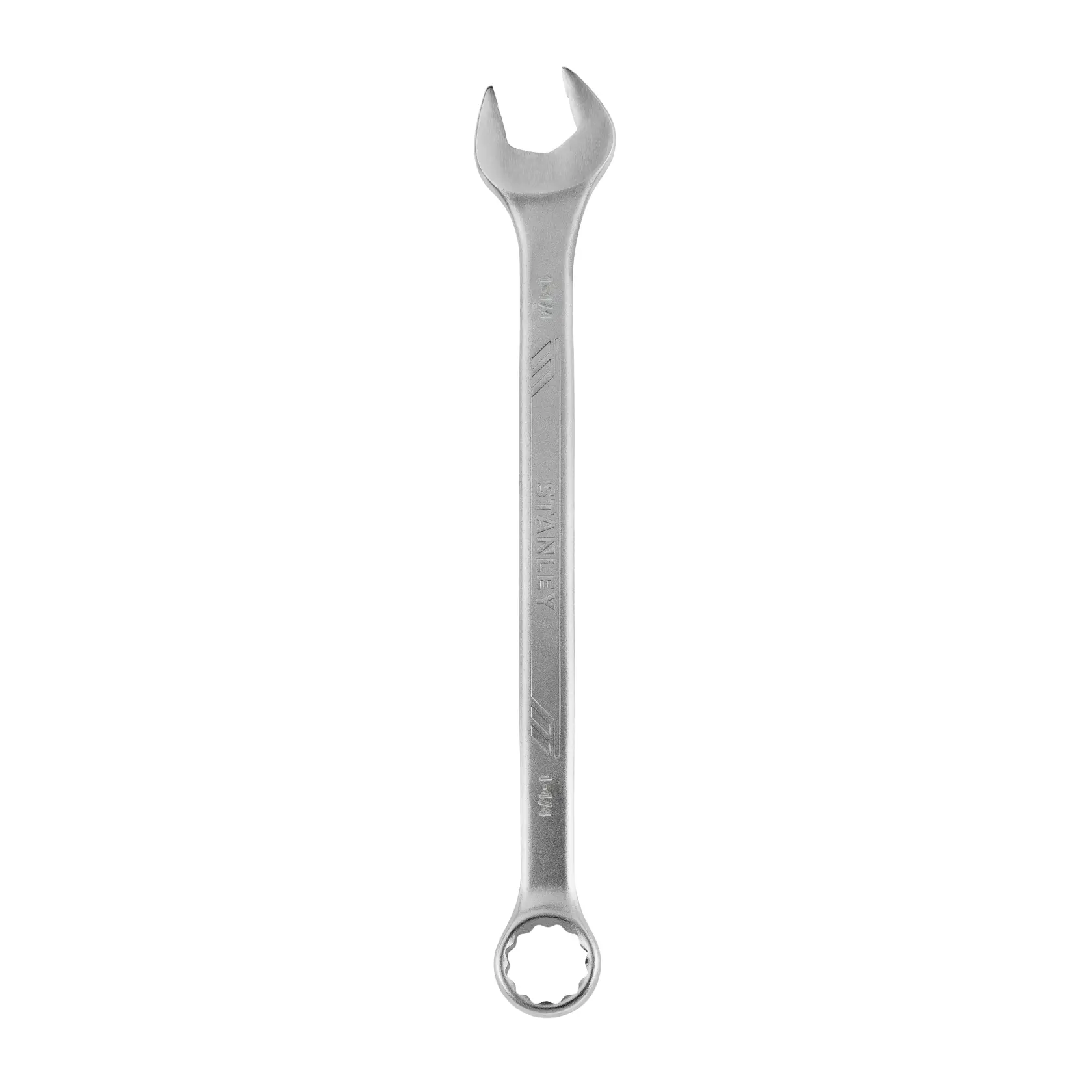 Stanley STMT72844 llave combinada, acabado plateado, ángulo frontal, fotografía de producto.