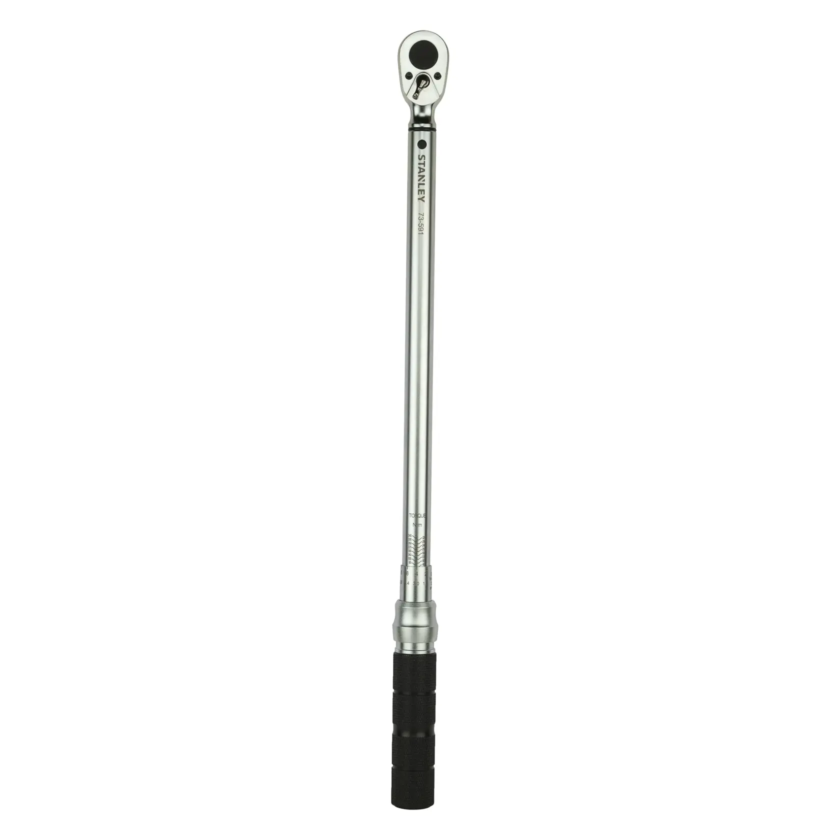 Llave de torsión STANLEY STMT73591-8 con cuerpo plateado y mango negro texturizado, ángulo frontal sobre fondo blanco.