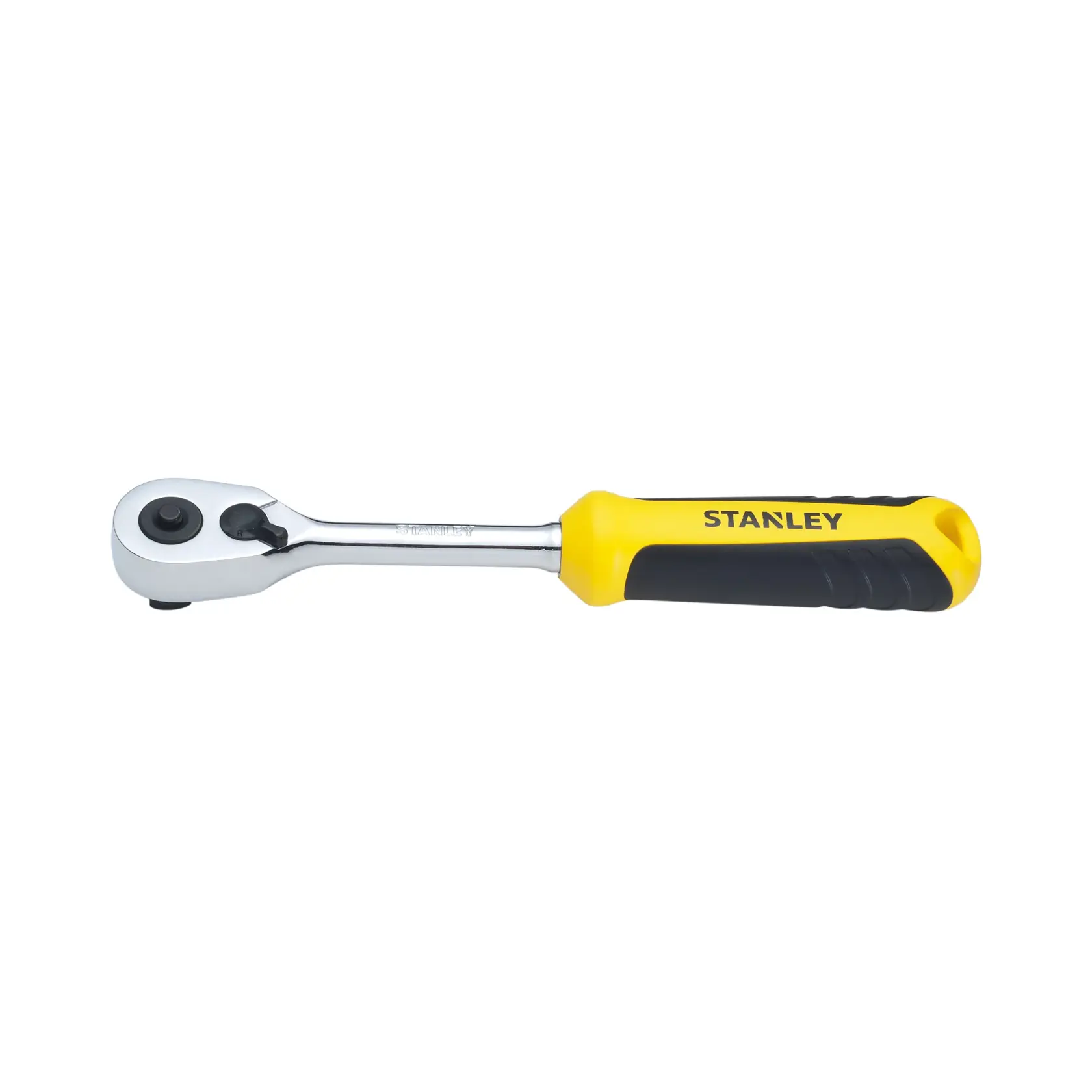 Fotografía de llave de carraca STANLEY STMT73983 con mango amarillo y negro, vista lateral, fondo blanco.
