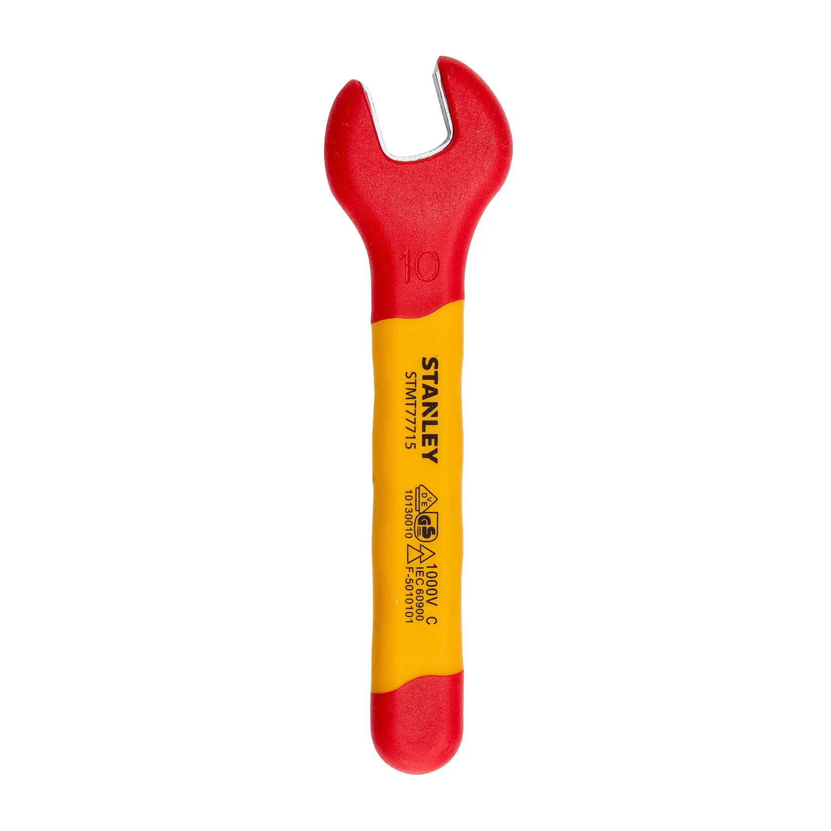 Llave fija aislada STANLEY STMT77715-LA con mango rojo y amarillo, vista frontal sobre fondo blanco.