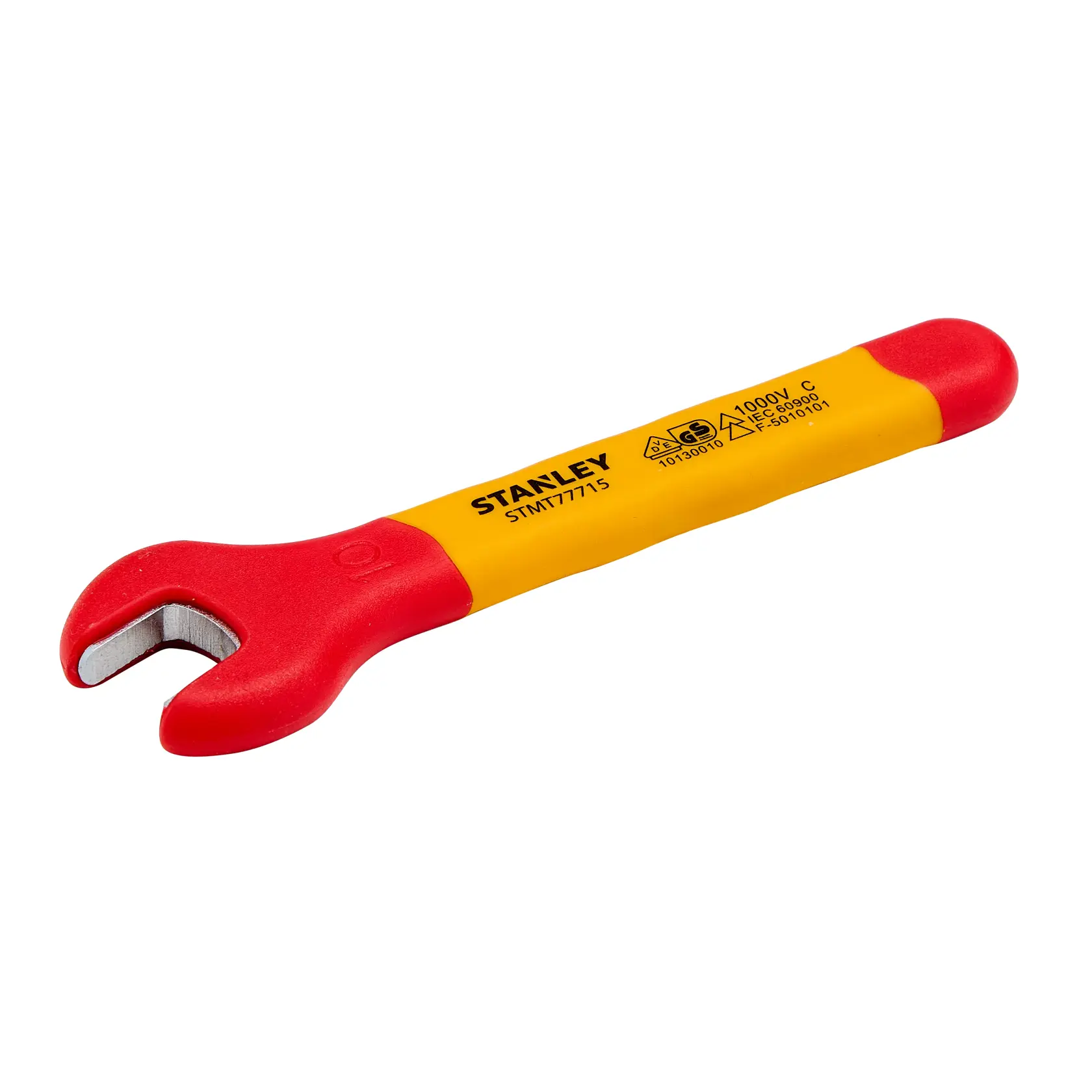 Llave de boca aislada STANLEY STMT77715-LA con mango rojo y amarillo, fotografía del producto sobre fondo blanco.