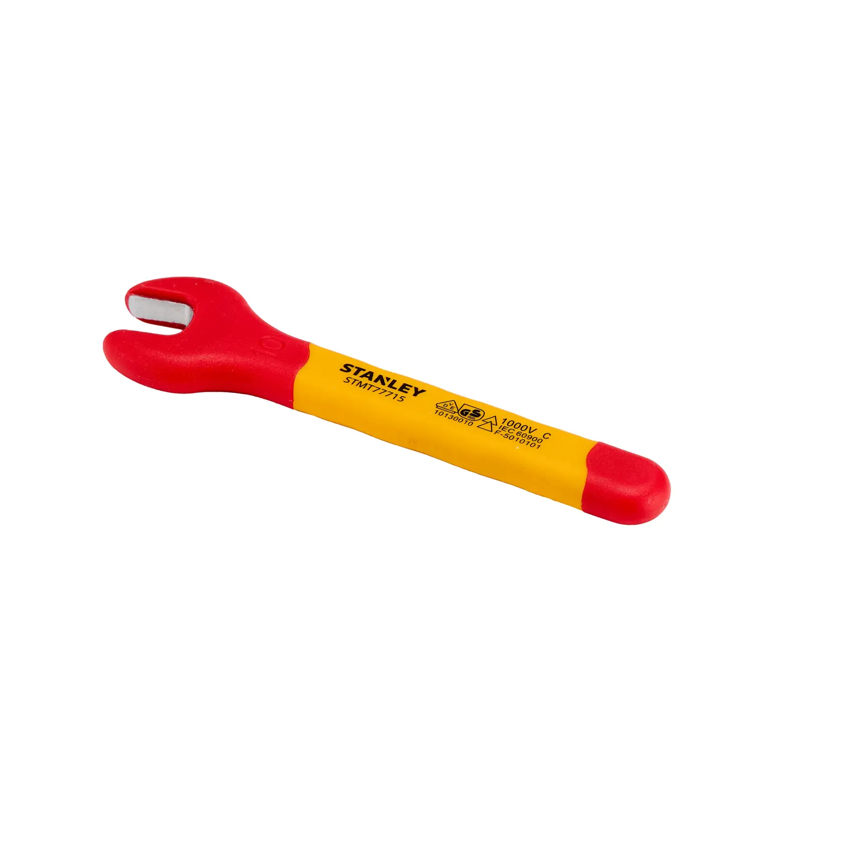 Llave de boca aislada STANLEY STMT77715-LA, mango rojo y amarillo, vista lateral sobre fondo blanco.