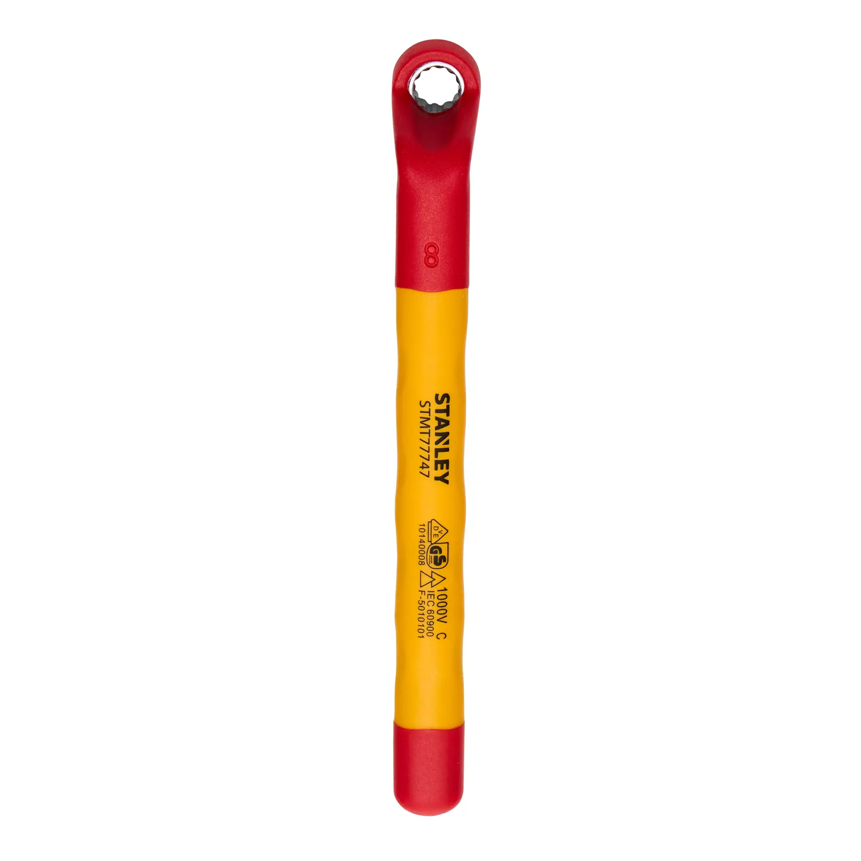 Llave de vaso aislada STANLEY STMT77747-LA en amarillo y rojo, categoría herramienta, vista superior sobre fondo blanco.